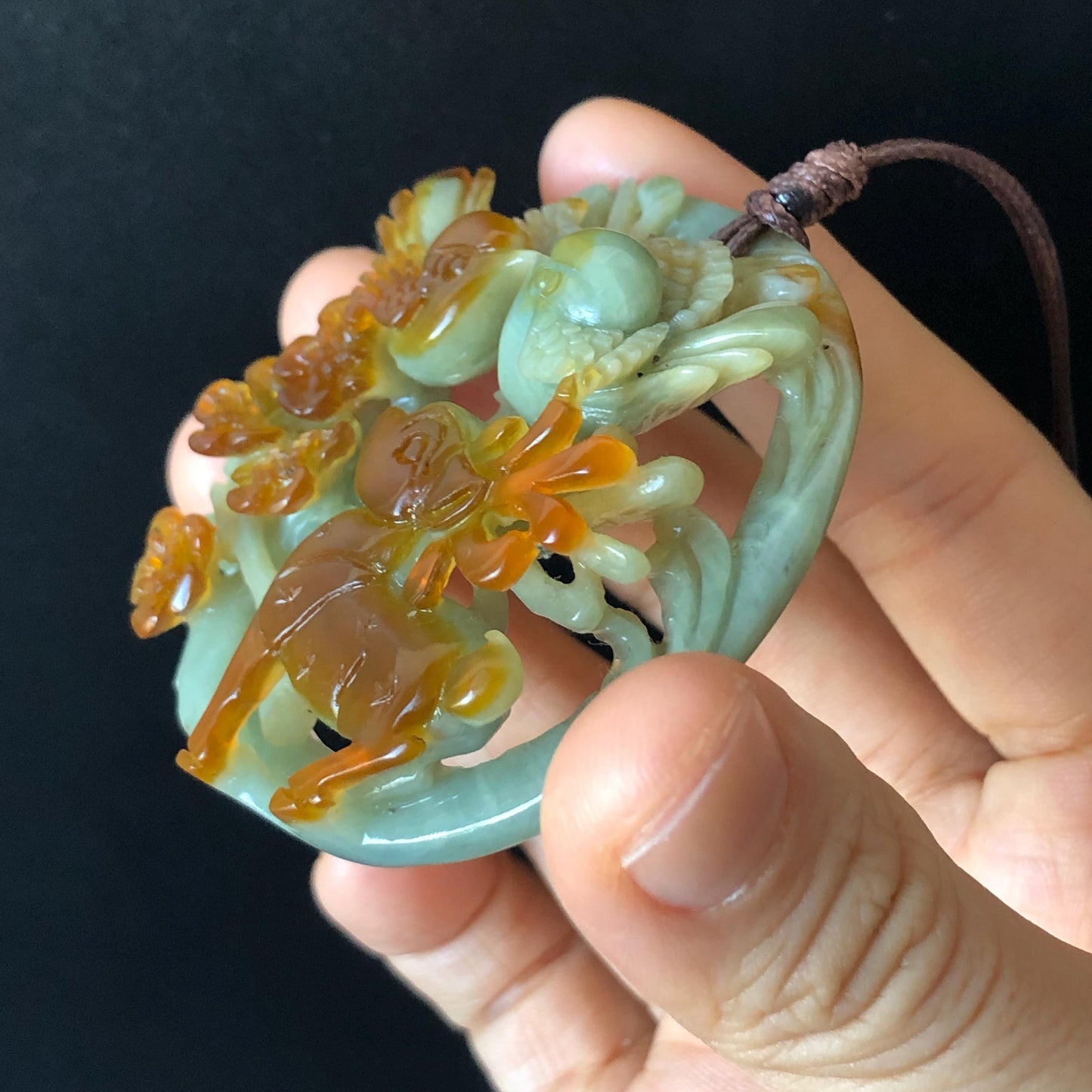 Certified Natural Xiu Jade Serpentine Hand Carved Magpie Birds, Deer and Flower Pendant Adjustable Necklace | Greenish Blue & Caramel Brown, jade carving, stone pendant adjustable necklace choker, multicoloured jade, green jade charm brown jade gift
