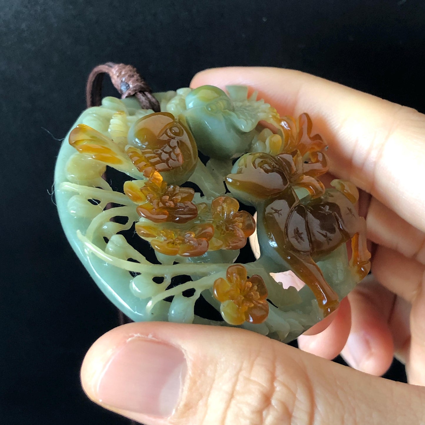 Certified Natural Xiu Jade Serpentine Hand Carved Magpie Birds, Deer and Flower Pendant Adjustable Necklace | Greenish Blue & Caramel Brown, jade carving, stone pendant adjustable necklace choker, multicoloured jade, green jade charm brown jade gift
