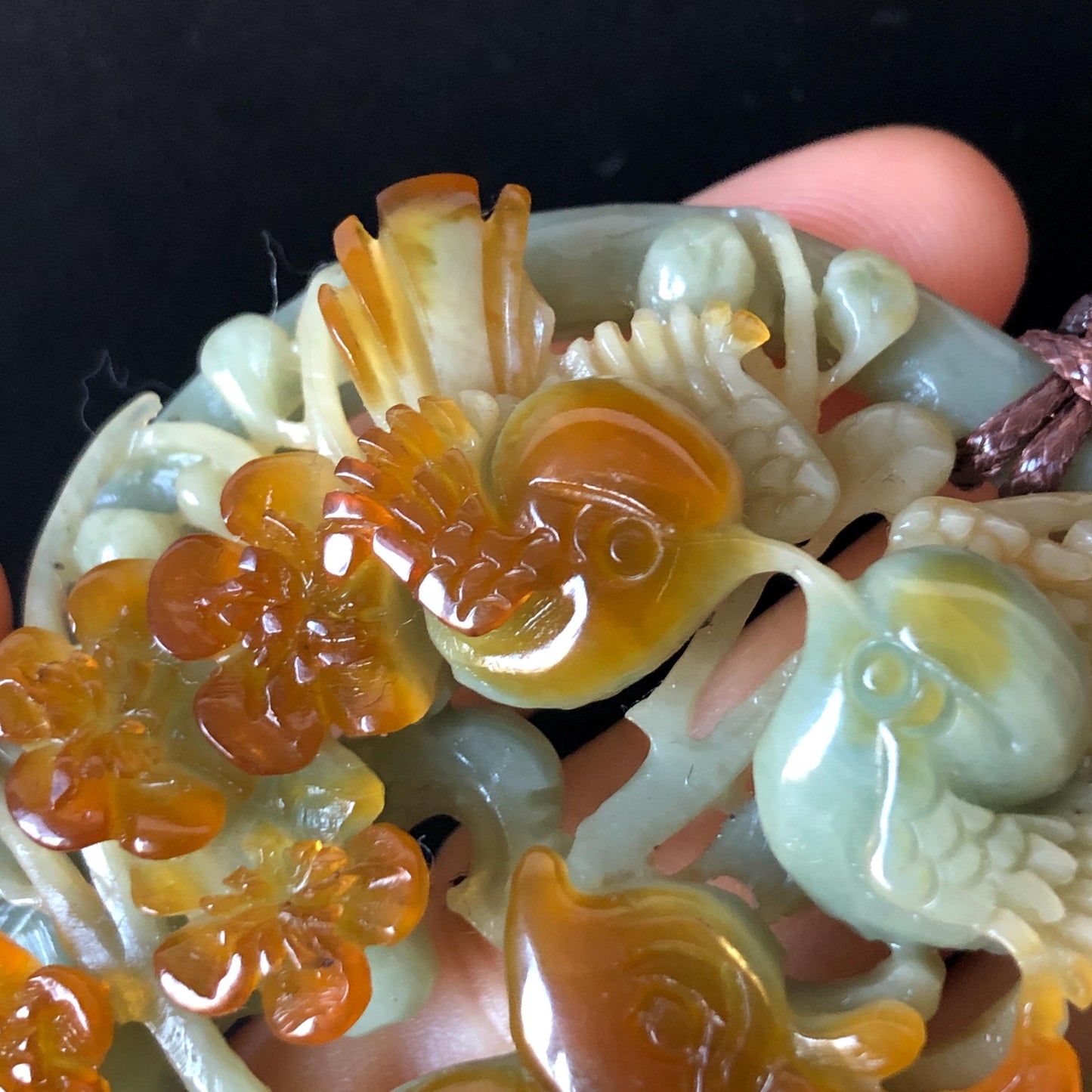 Certified Natural Xiu Jade Serpentine Hand Carved Magpie Birds, Deer and Flower Pendant Adjustable Necklace | Greenish Blue & Caramel Brown, jade carving, stone pendant adjustable necklace choker, multicoloured jade, green jade charm brown jade gift