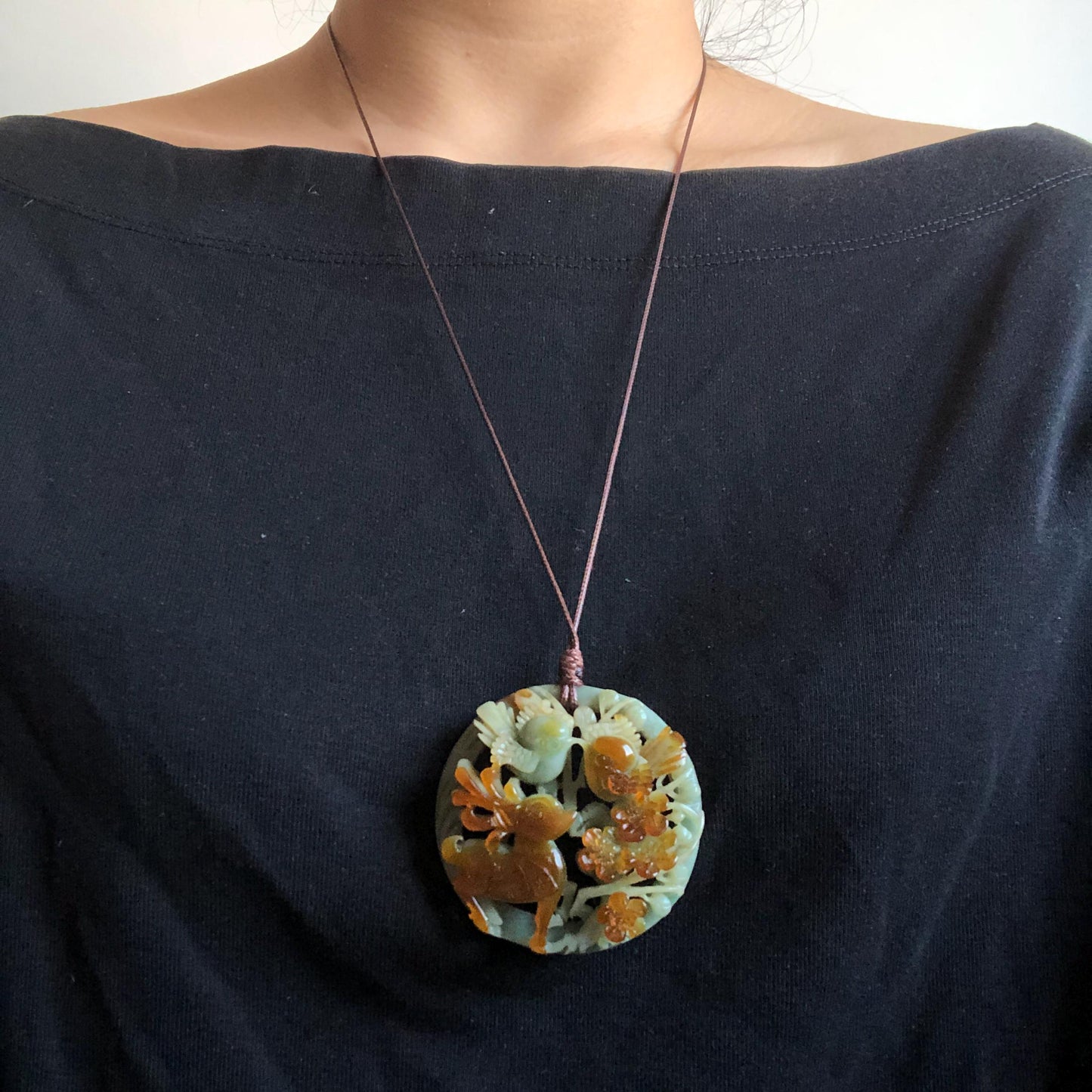 Certified Natural Xiu Jade Serpentine Hand Carved Magpie Birds, Deer and Flower Pendant Adjustable Necklace | Greenish Blue & Caramel Brown, jade carving, stone pendant adjustable necklace choker, multicoloured jade, green jade charm brown jade gift
