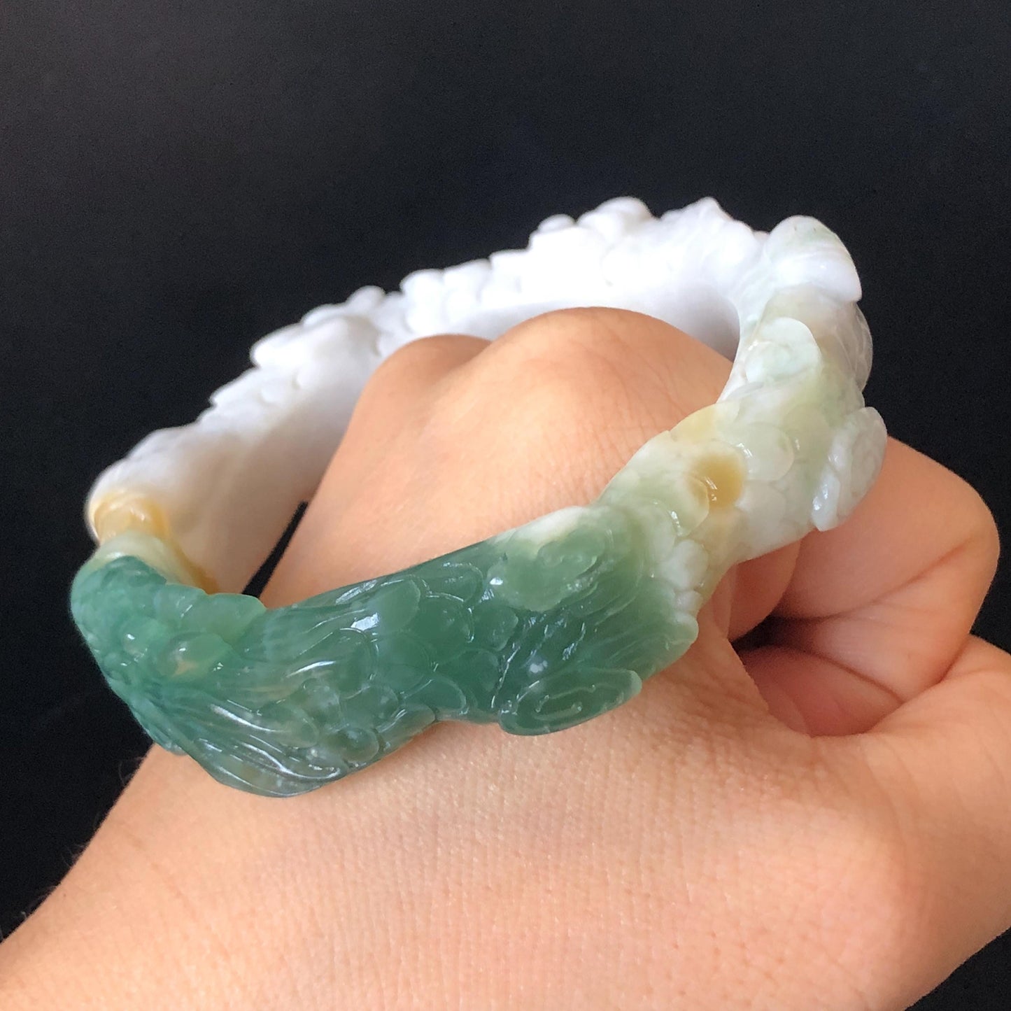 54.2mm Natural Xiu Jade Hand Carved Dragon Bangle | Serpentine Stone Gemstone Bracelet | Emerges from Sea to Sky | Greenish Blue Jade White Jade, jade carving, dragon carving, engraved jade bangle for women, gemstone bracelet crystal bangle gift