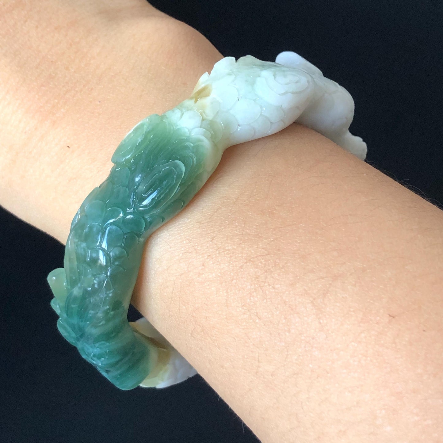 54.2mm Natural Xiu Jade Hand Carved Dragon Bangle | Serpentine Stone Gemstone Bracelet | Emerges from Sea to Sky | Greenish Blue Jade White Jade, jade carving, dragon carving, engraved jade bangle for women, gemstone bracelet crystal bangle gift