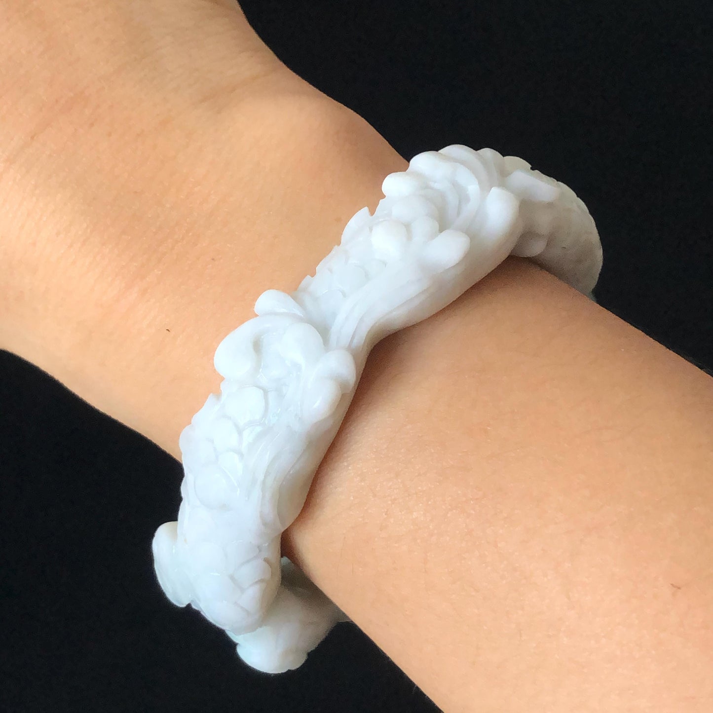 54.2mm Natural Xiu Jade Hand Carved Dragon Bangle | Serpentine Stone Gemstone Bracelet | Emerges from Sea to Sky | Greenish Blue Jade White Jade, jade carving, dragon carving, engraved jade bangle for women, gemstone bracelet crystal bangle gift