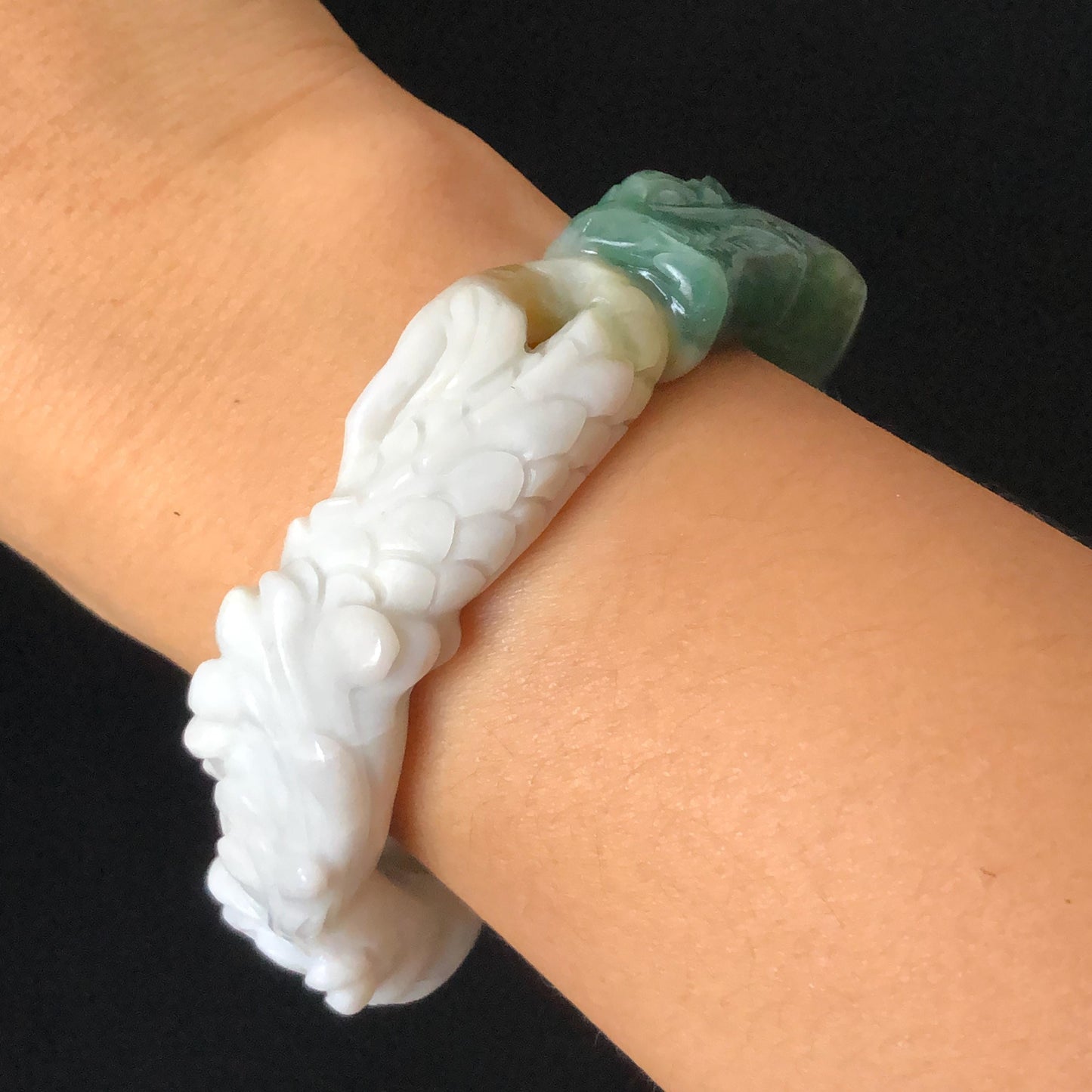 54.2mm Natural Xiu Jade Hand Carved Dragon Bangle | Serpentine Stone Gemstone Bracelet | Emerges from Sea to Sky | Greenish Blue Jade White Jade, jade carving, dragon carving, engraved jade bangle for women, gemstone bracelet crystal bangle gift