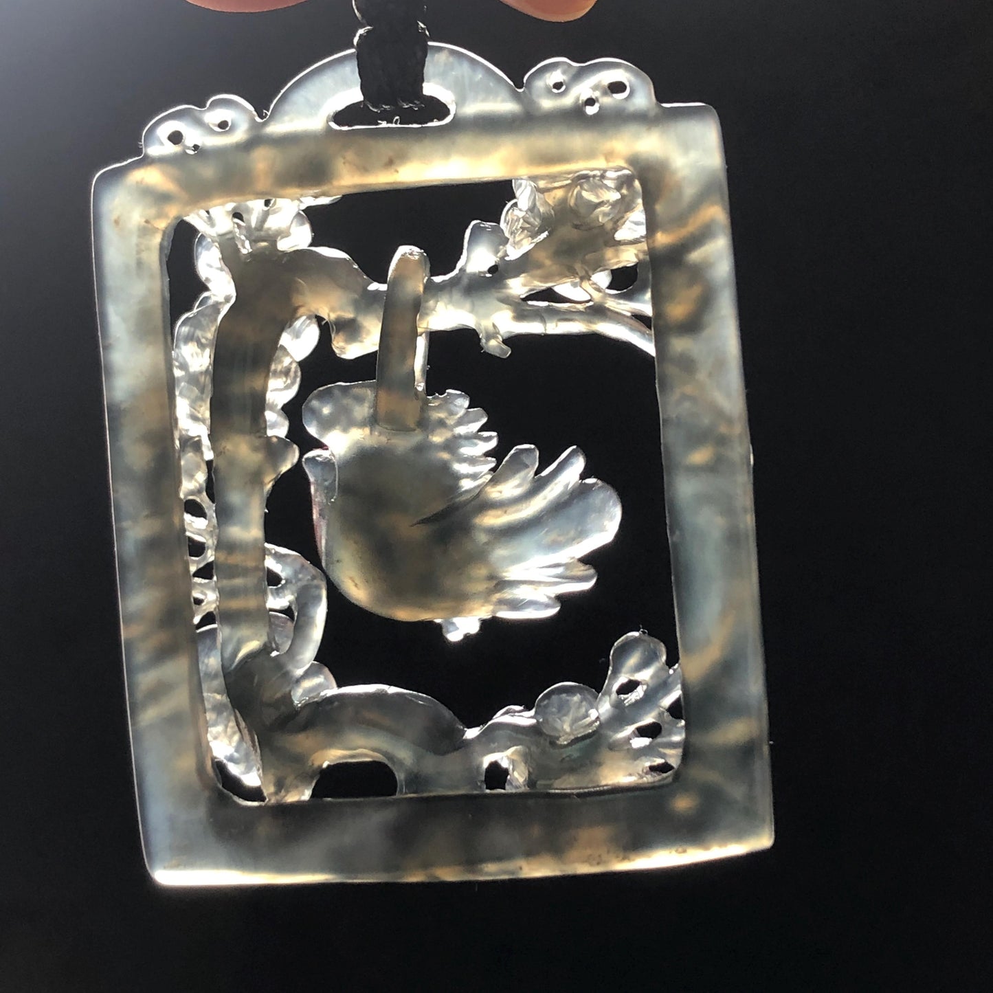 Movable! Certified Natural Xiu Jade Serpentine Hand Carved Magpie Bird Dangler with Flower Pendant Adjustable Necklace | Icy Gray Black Jade crystal charm gemstone pendant choker jade carving bird charm engraved stone flower jade gift for her women