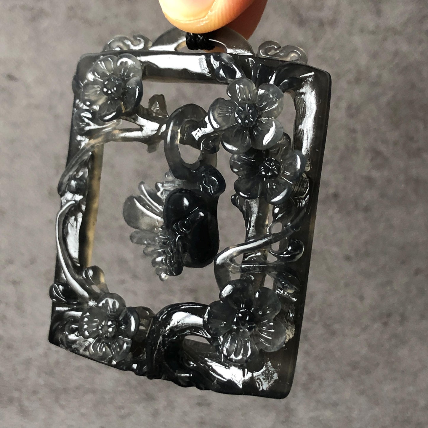 Movable! Certified Natural Xiu Jade Serpentine Hand Carved Magpie Bird Dangler with Flower Pendant Adjustable Necklace | Icy Gray Black Jade crystal charm gemstone pendant choker jade carving bird charm engraved stone flower jade gift for her women