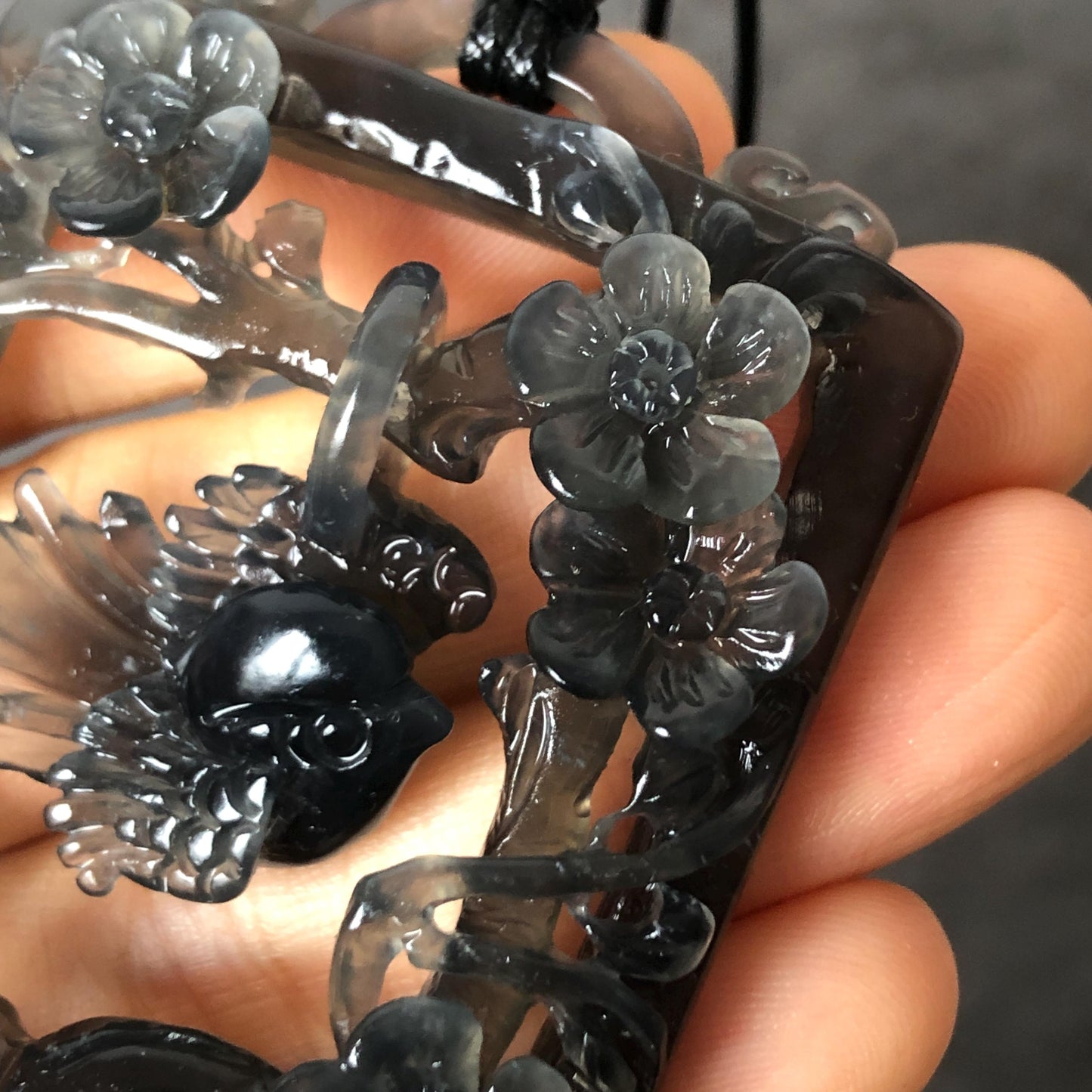 Movable! Certified Natural Xiu Jade Serpentine Hand Carved Magpie Bird Dangler with Flower Pendant Adjustable Necklace | Icy Gray Black Jade crystal charm gemstone pendant choker jade carving bird charm engraved stone flower jade gift for her women