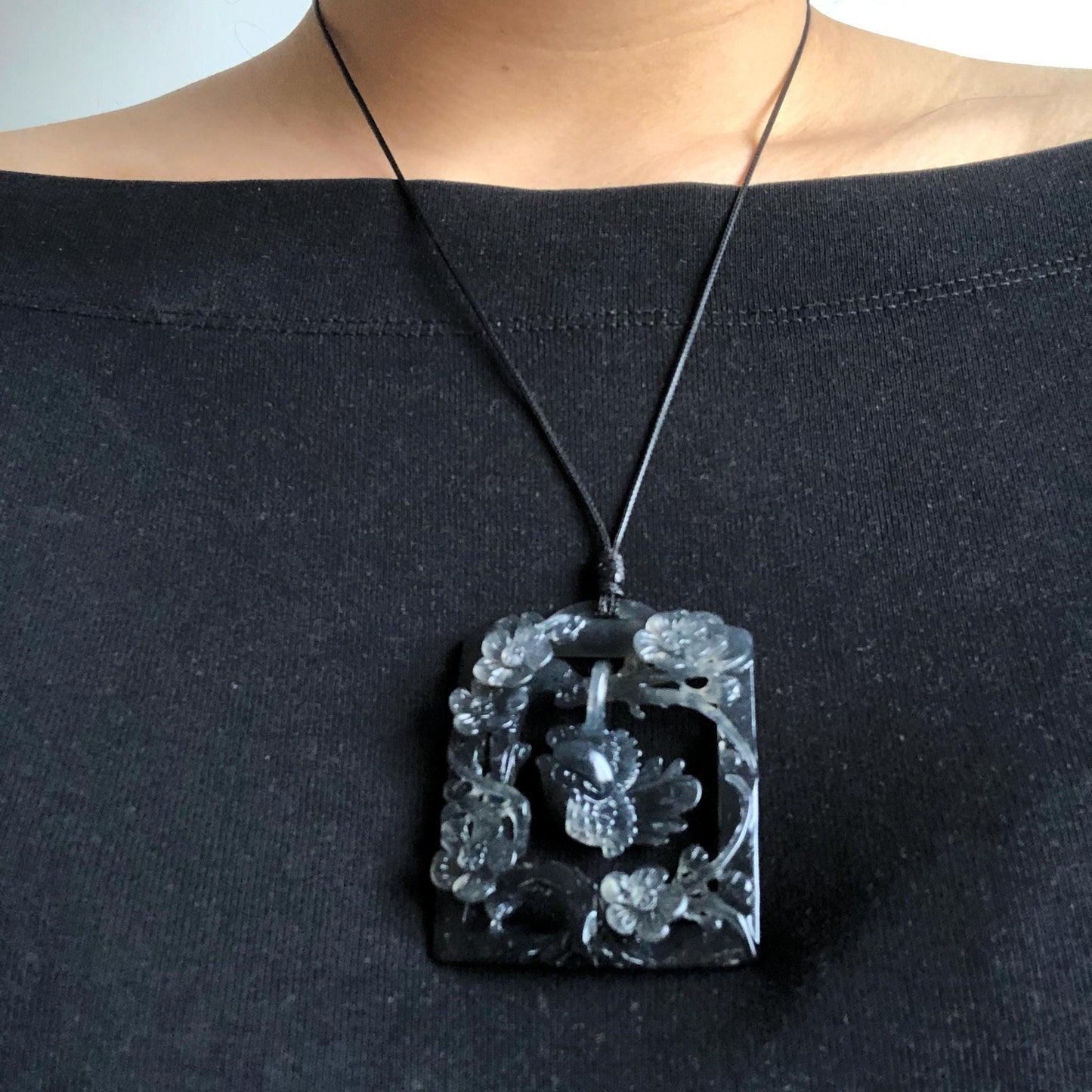Movable! Certified Natural Xiu Jade Serpentine Hand Carved Magpie Bird Dangler with Flower Pendant Adjustable Necklace | Icy Gray Black Jade crystal charm gemstone pendant choker jade carving bird charm engraved stone flower jade gift for her women
