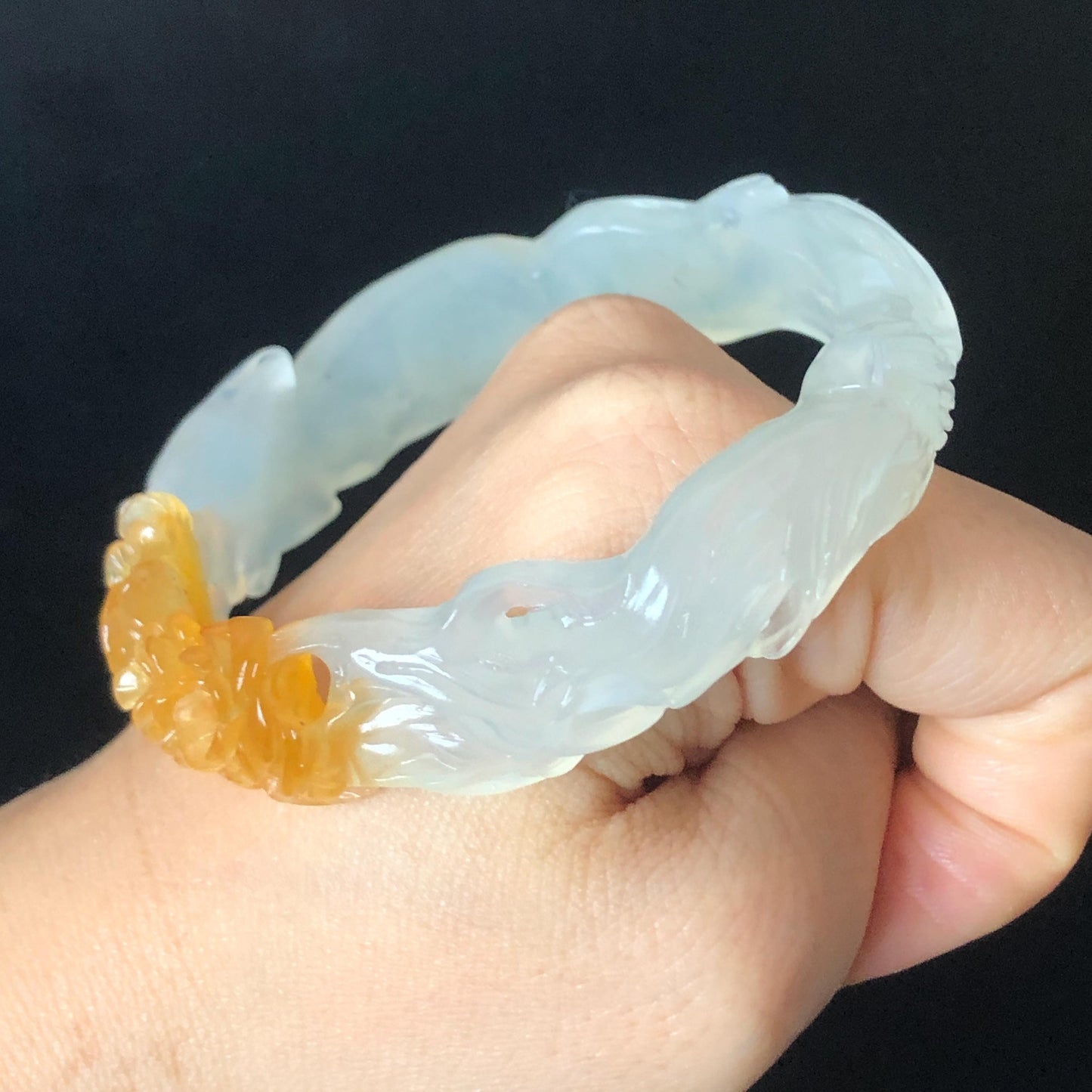 59.5mm Natural Xiu Jade Serpentine Hand Carved Nine-tailed fox with flower bangle | White & Yellow Jade Bracelet | Crystal Stone Gemstone Bangle for women, gift for her, white jade yellow jade, jade carving, hand-engraved bracelet, Malus spectabilis