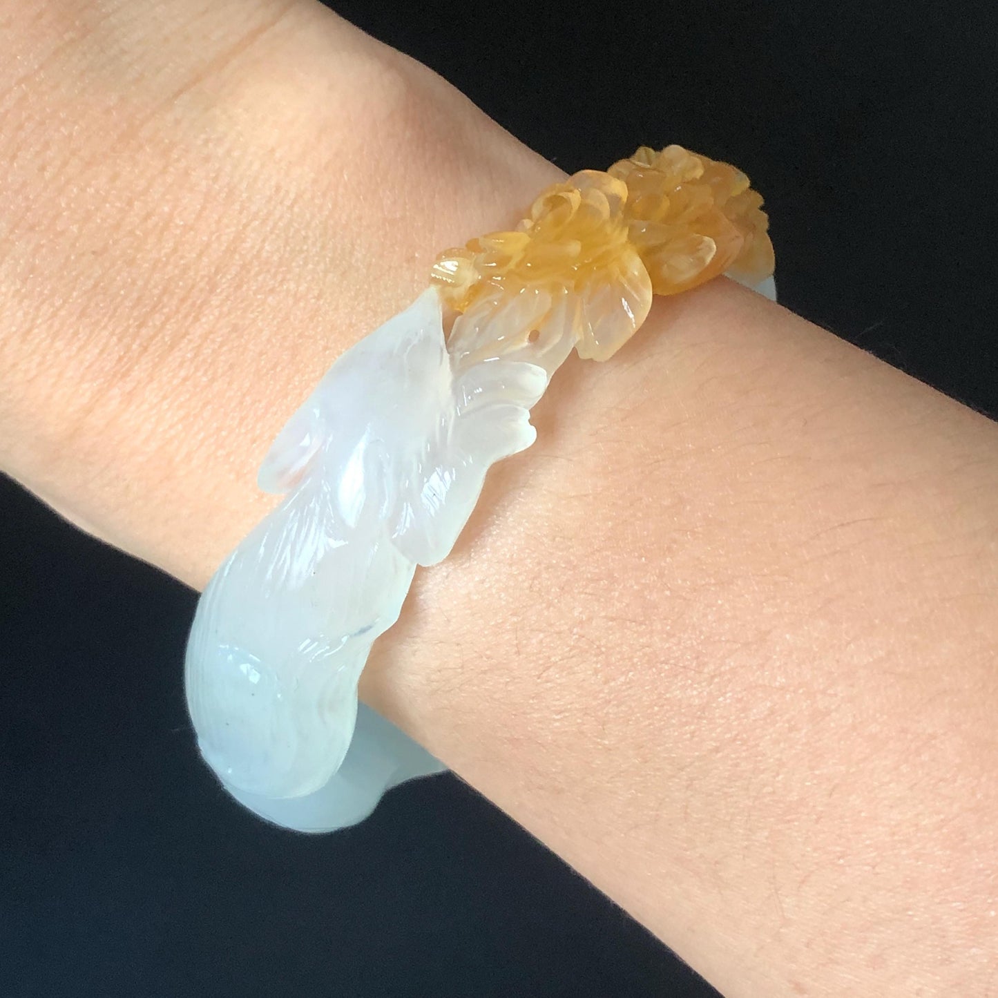 59.5mm Natural Xiu Jade Serpentine Hand Carved Nine-tailed fox with flower bangle | White & Yellow Jade Bracelet | Crystal Stone Gemstone Bangle for women, gift for her, white jade yellow jade, jade carving, hand-engraved bracelet, Malus spectabilis