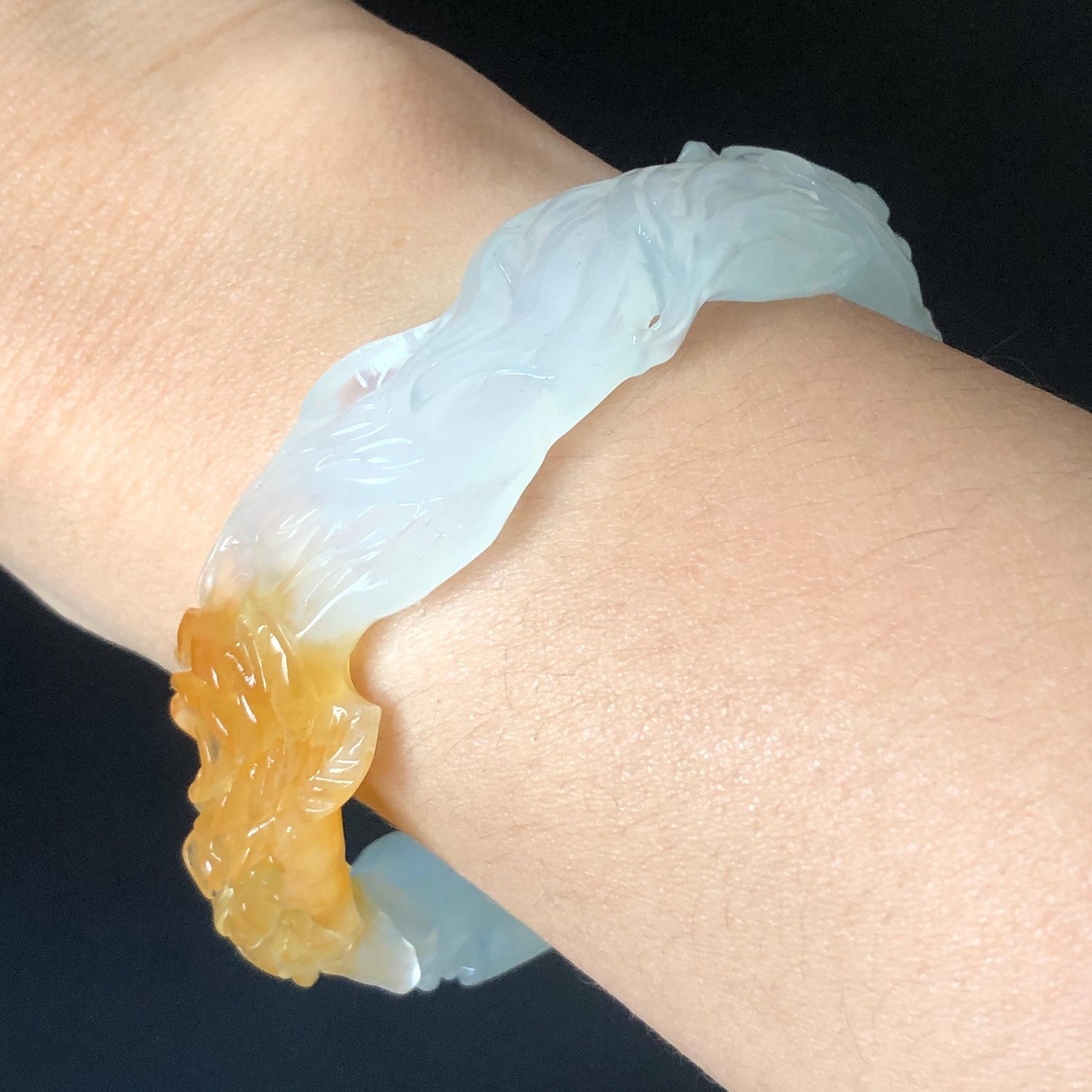 59.5mm Natural Xiu Jade Serpentine Hand Carved Nine-tailed fox with flower bangle | White & Yellow Jade Bracelet | Crystal Stone Gemstone Bangle for women, gift for her, white jade yellow jade, jade carving, hand-engraved bracelet, Malus spectabilis