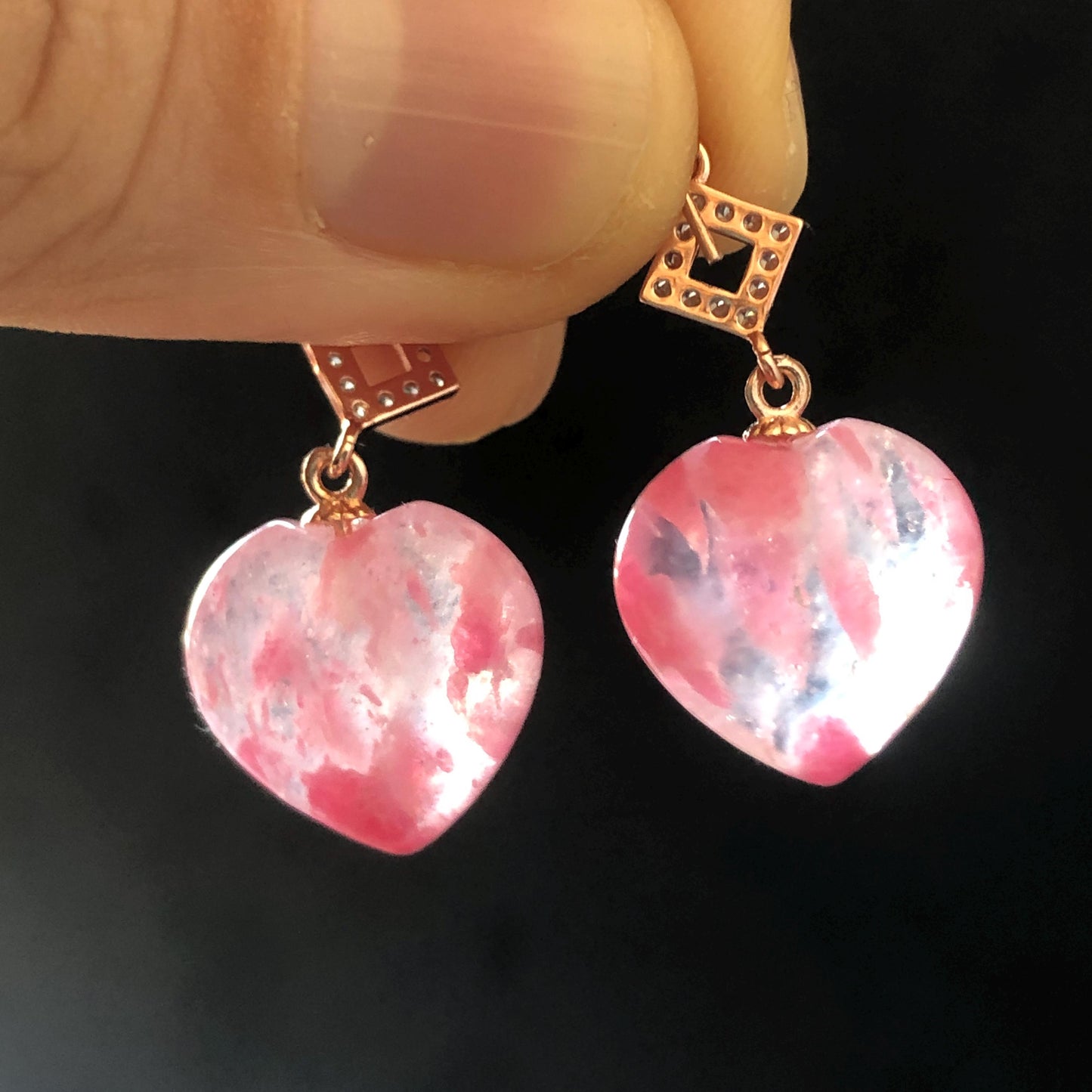 Ultra-rare AAA Rhodonite Sakura Rain Icy Heart-shaped Earrings from South Africa | Cherry Plum Blossom | Icy & Translucent Crystal gemstone