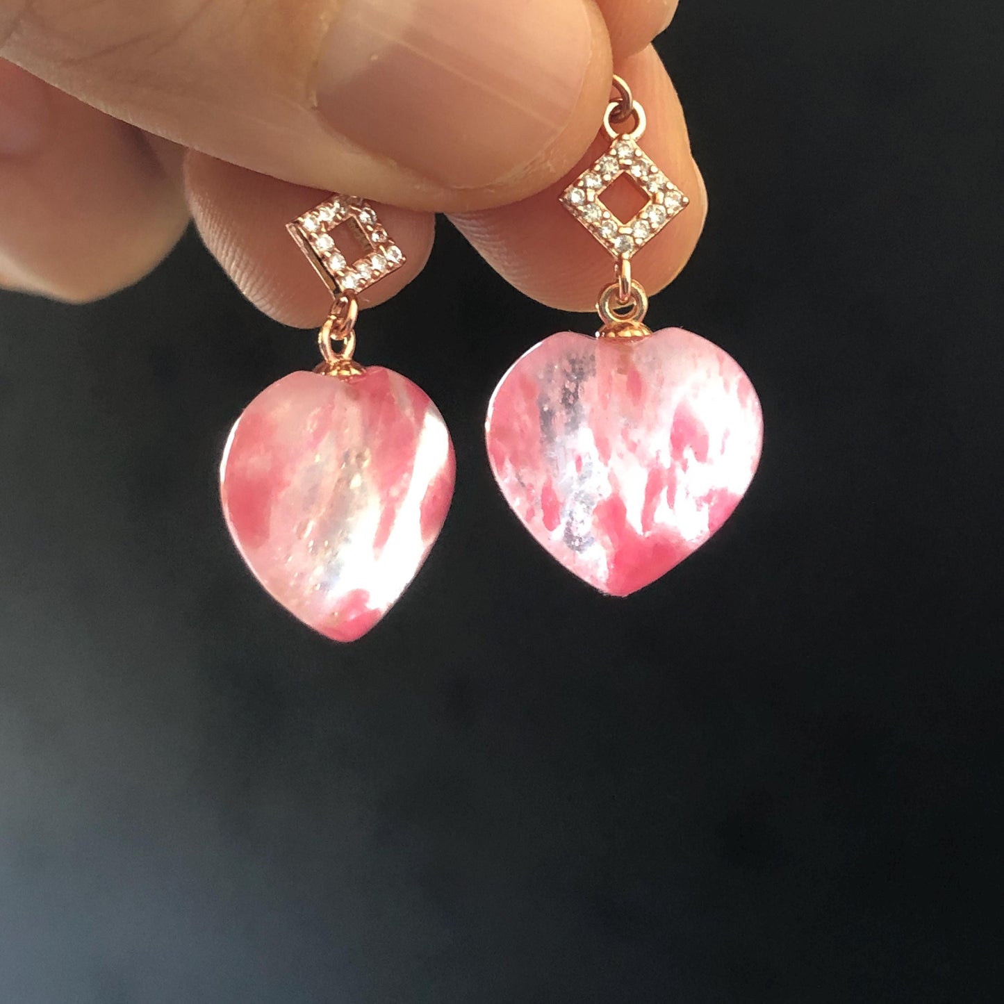 Ultra-rare AAA Rhodonite Sakura Rain Icy Heart-shaped Earrings from South Africa | Cherry Plum Blossom | Icy & Translucent Crystal gemstone