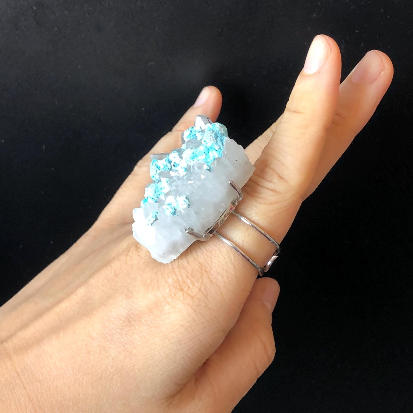 Raw Blue Hemimorphite Clear Quartz Crystal Stone Ring | Adjustable Statement Band Ring | Natural Gemstone Chunky Irregular ring gift for her, silver plated ring, huge crystal ring large stone ring big cocktail ring, modern ring, men statement ring