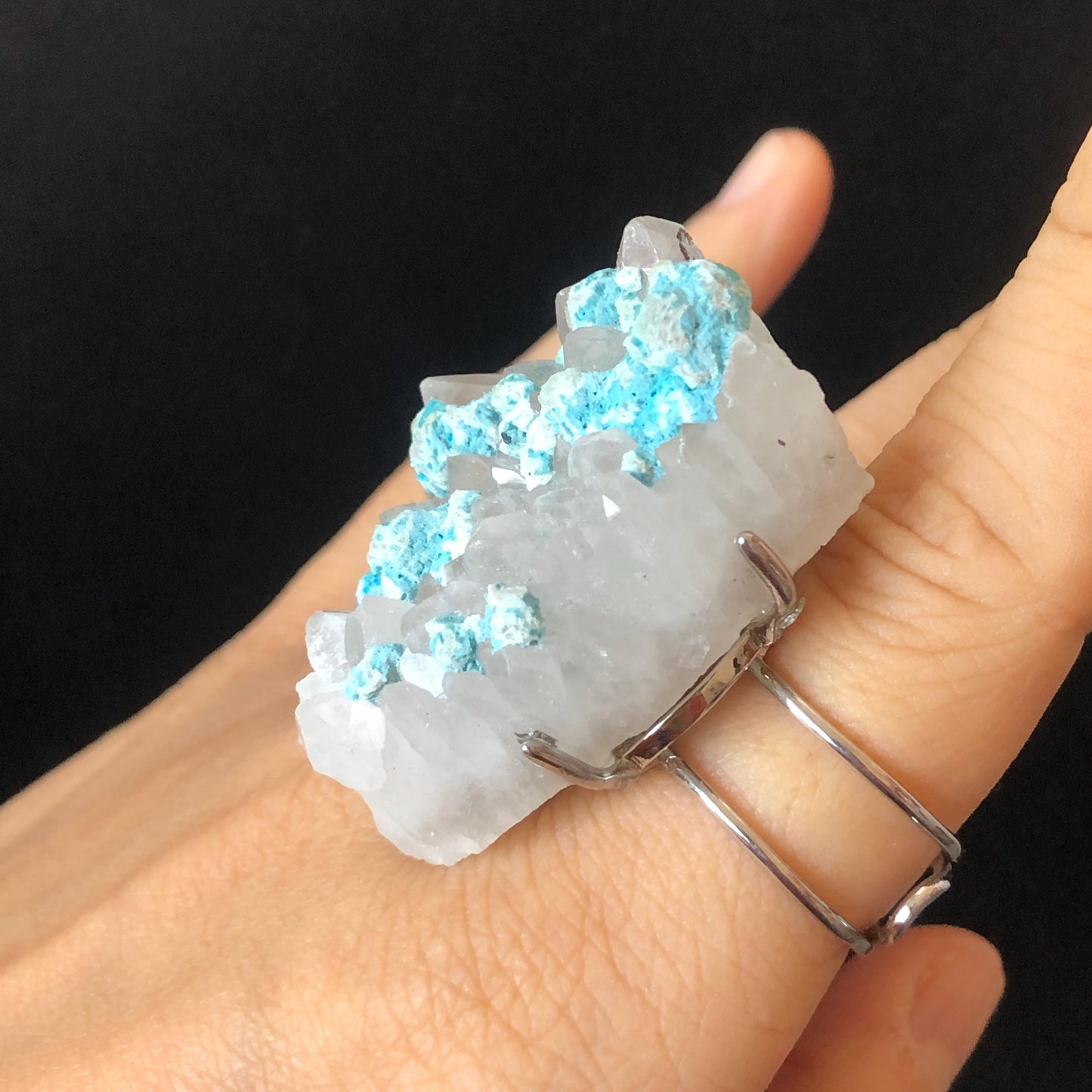 Raw Blue Hemimorphite Clear Quartz Crystal Stone Ring | Adjustable Statement Band Ring | Natural Gemstone Chunky Irregular ring gift for her, silver plated ring, huge crystal ring large stone ring big cocktail ring, modern ring, men statement ring
