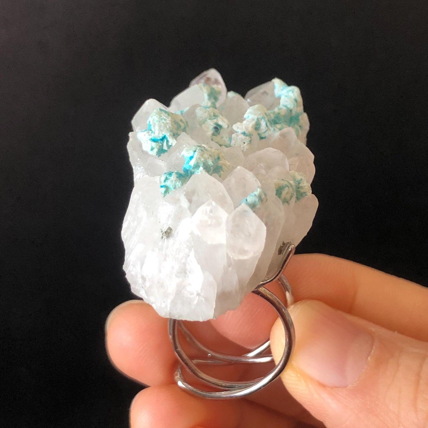 Raw Blue Hemimorphite Clear Quartz Crystal Stone Ring | Adjustable Statement Band Ring | Natural Gemstone Chunky Irregular ring gift for her, silver plated ring, huge crystal ring large stone ring big cocktail ring, modern ring, men statement ring