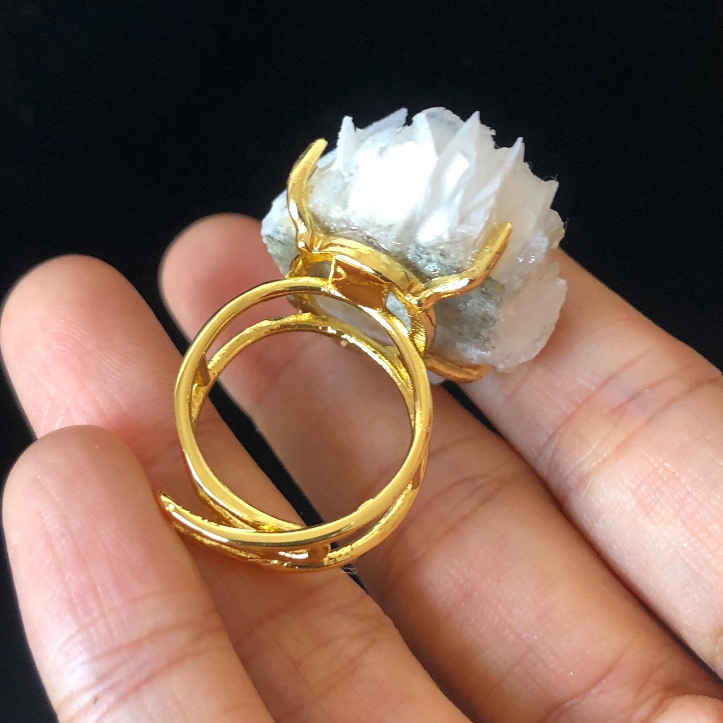 White Rose Calcite Ring | Large Raw Stone Ring Adjustable Crystal Statement Ring Irregular Chunky Crystal Ring Healing Stone for her, raw minerals ring, big gemstone ring, women cocktail ring, soothing stone healing crystal gold plated ring for women