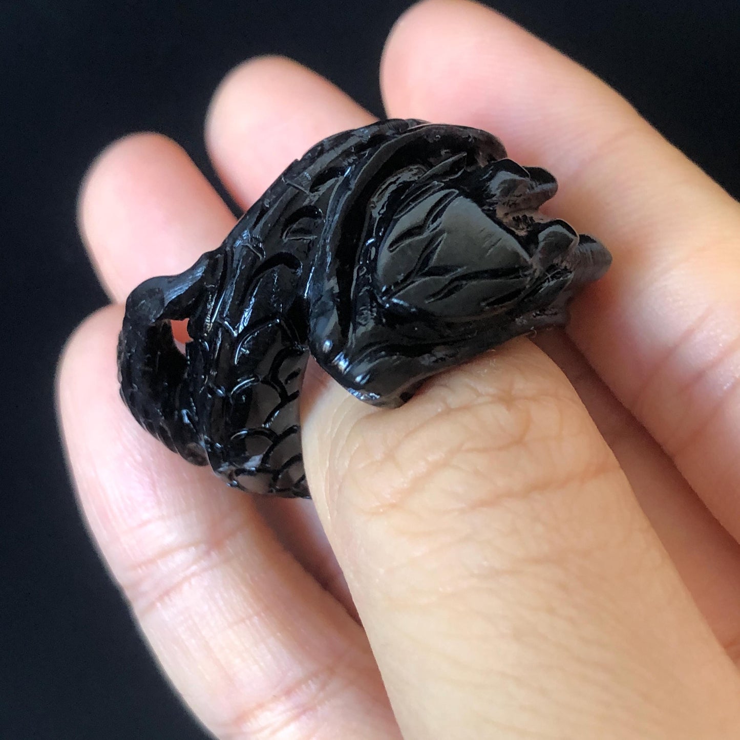 Certified Custom Size Natural Xiu Jade Serpentine Hand Carved Black Dragon Ring |17.1mm (US 6.5-7) Black Jade Statement Ring for Men & Women, chinese jade with certificate, untreated jade ring, hand engraved jade ring, gift for her, men thumb ring