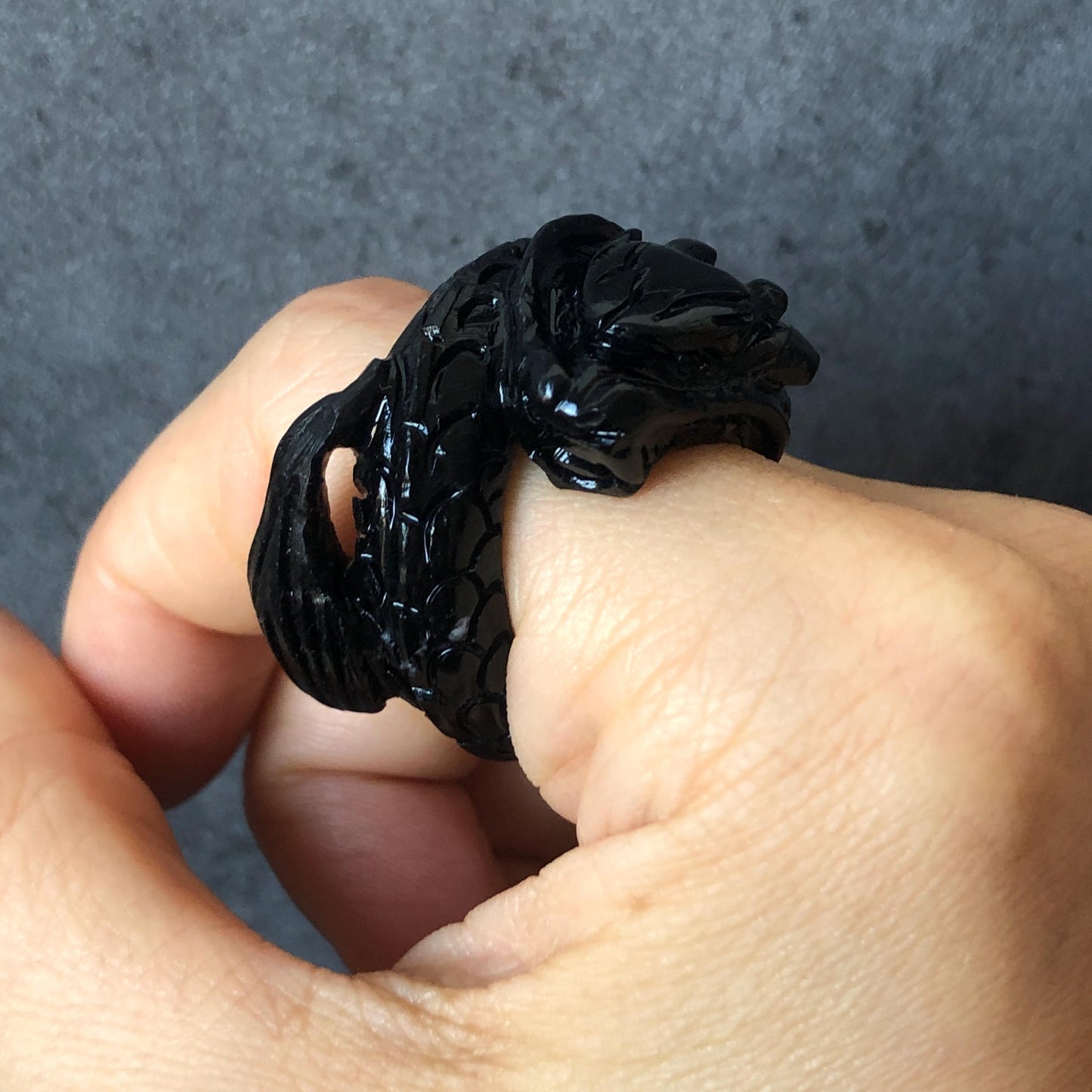 Certified Custom Size Natural Xiu Jade Serpentine Hand Carved Black Dragon Ring |17.1mm (US 6.5-7) Black Jade Statement Ring for Men & Women, chinese jade with certificate, untreated jade ring, hand engraved jade ring, gift for her, men thumb ring