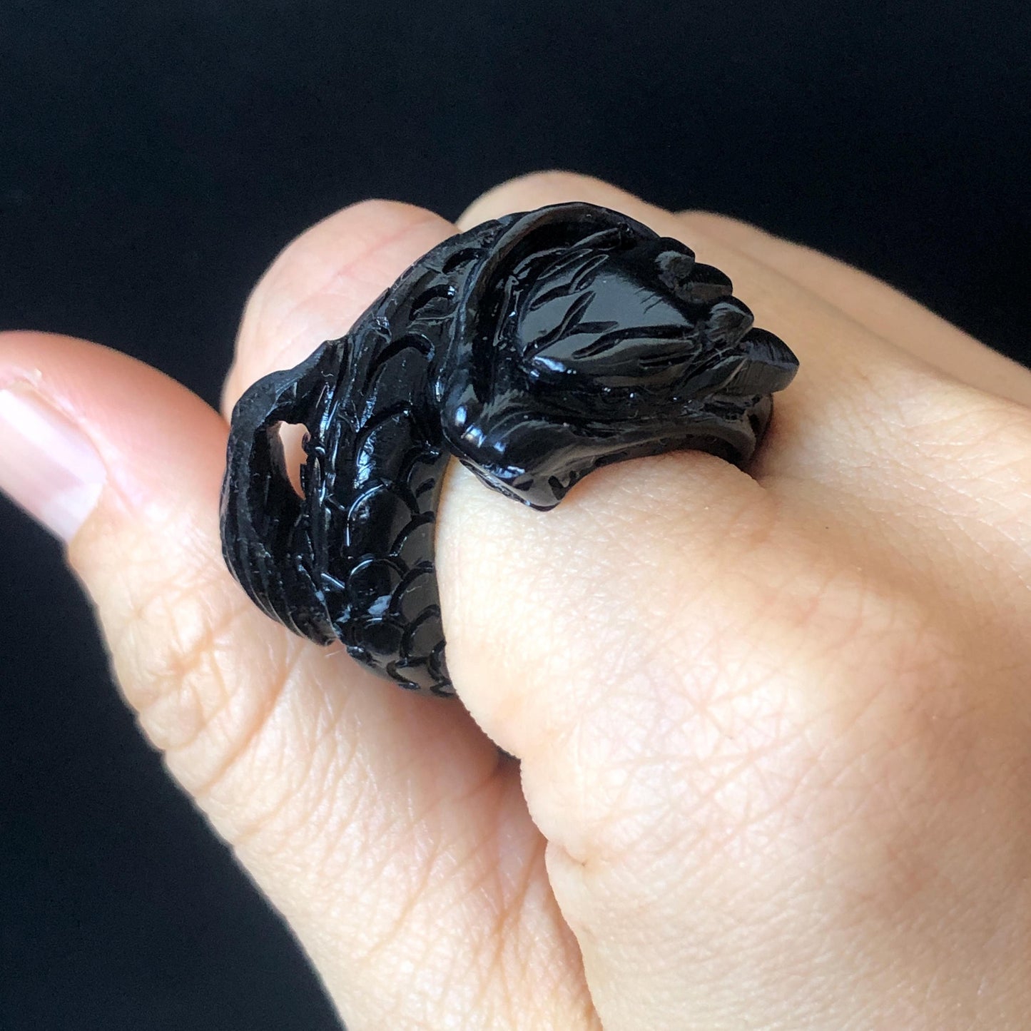 Certified Custom Size Natural Xiu Jade Serpentine Hand Carved Black Dragon Ring |17.1mm (US 6.5-7) Black Jade Statement Ring for Men & Women, chinese jade with certificate, untreated jade ring, hand engraved jade ring, gift for her, men thumb ring