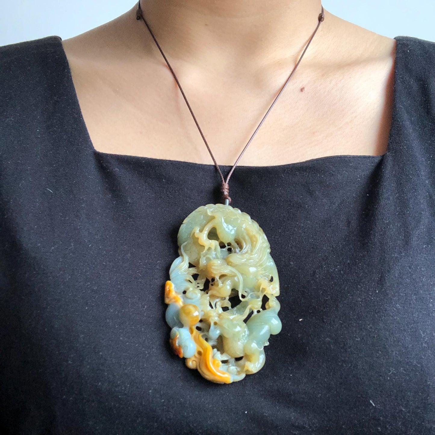 Certificate Natural Xiu Jade (Serpentine) Hand Dragon and Pixiu Pendant Adjustable Necklace Choker | Greenish Blue and Yellow | Power & Wealth | Stone Crystal Gemstone Jewellery for Men and Women, dragon carving pixiu hand engraved charm blue jade