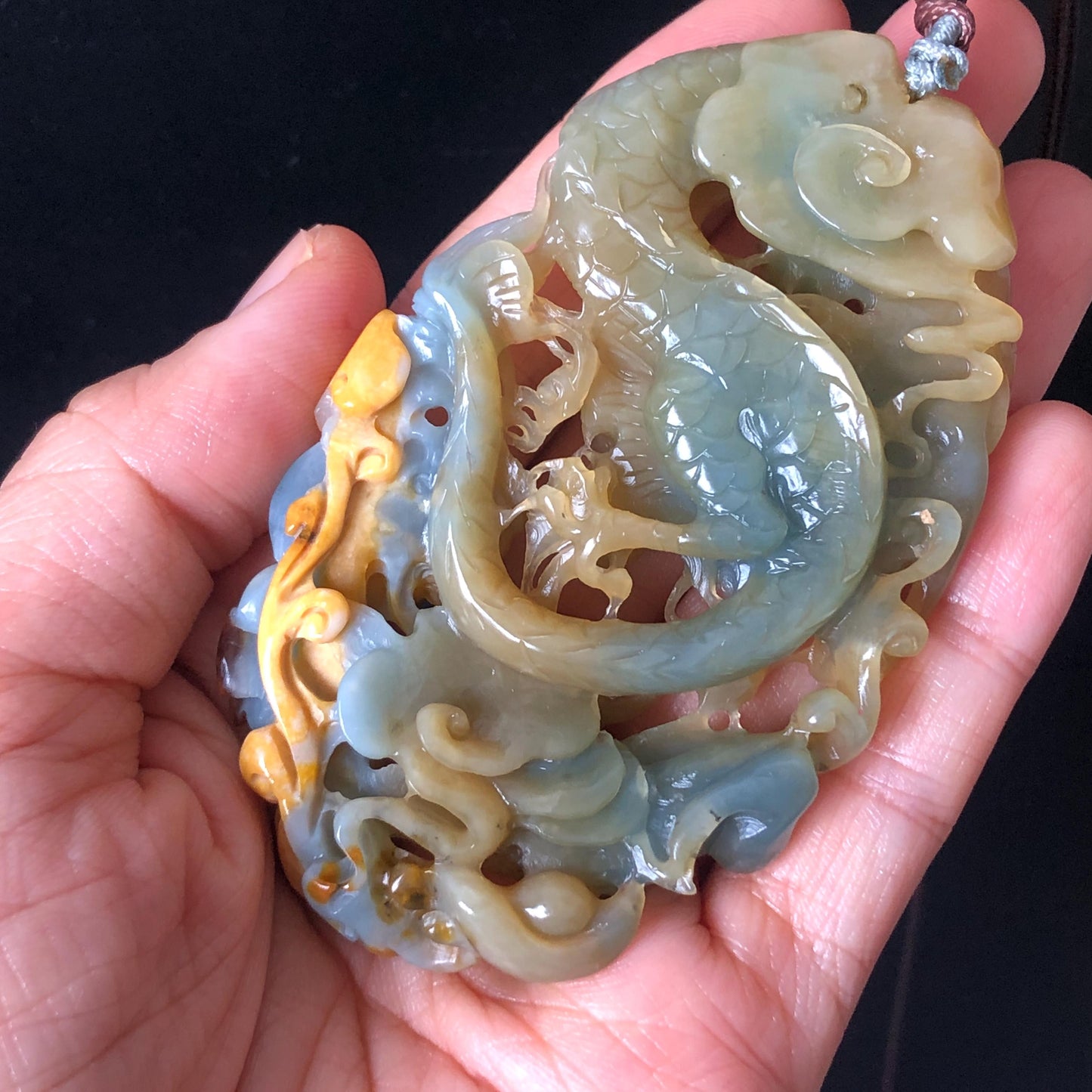 Certificate Natural Xiu Jade (Serpentine) Hand Dragon and Pixiu Pendant Adjustable Necklace Choker | Greenish Blue and Yellow | Power & Wealth | Stone Crystal Gemstone Jewellery for Men and Women, dragon carving pixiu hand engraved charm blue jade