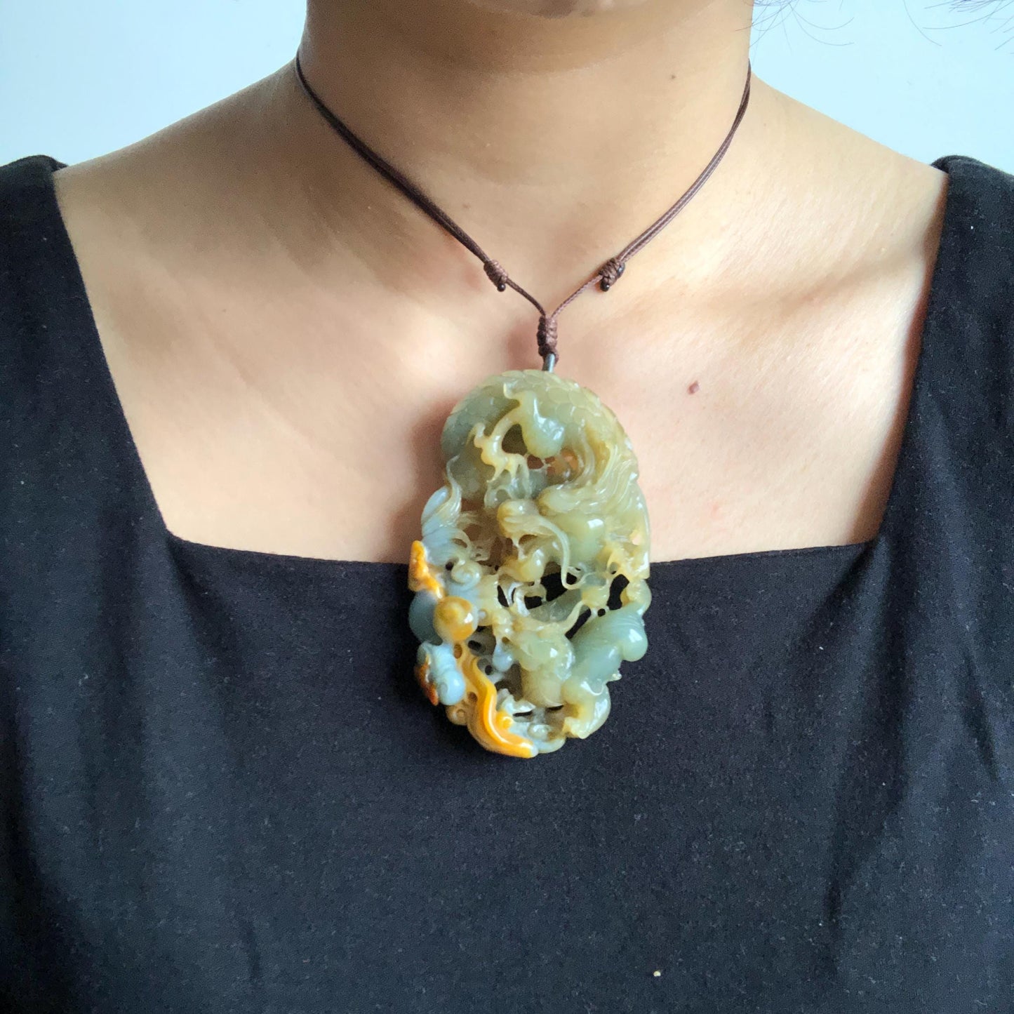 Certificate Natural Xiu Jade (Serpentine) Hand Dragon and Pixiu Pendant Adjustable Necklace Choker | Greenish Blue and Yellow | Power & Wealth | Stone Crystal Gemstone Jewellery for Men and Women, dragon carving pixiu hand engraved charm blue jade
