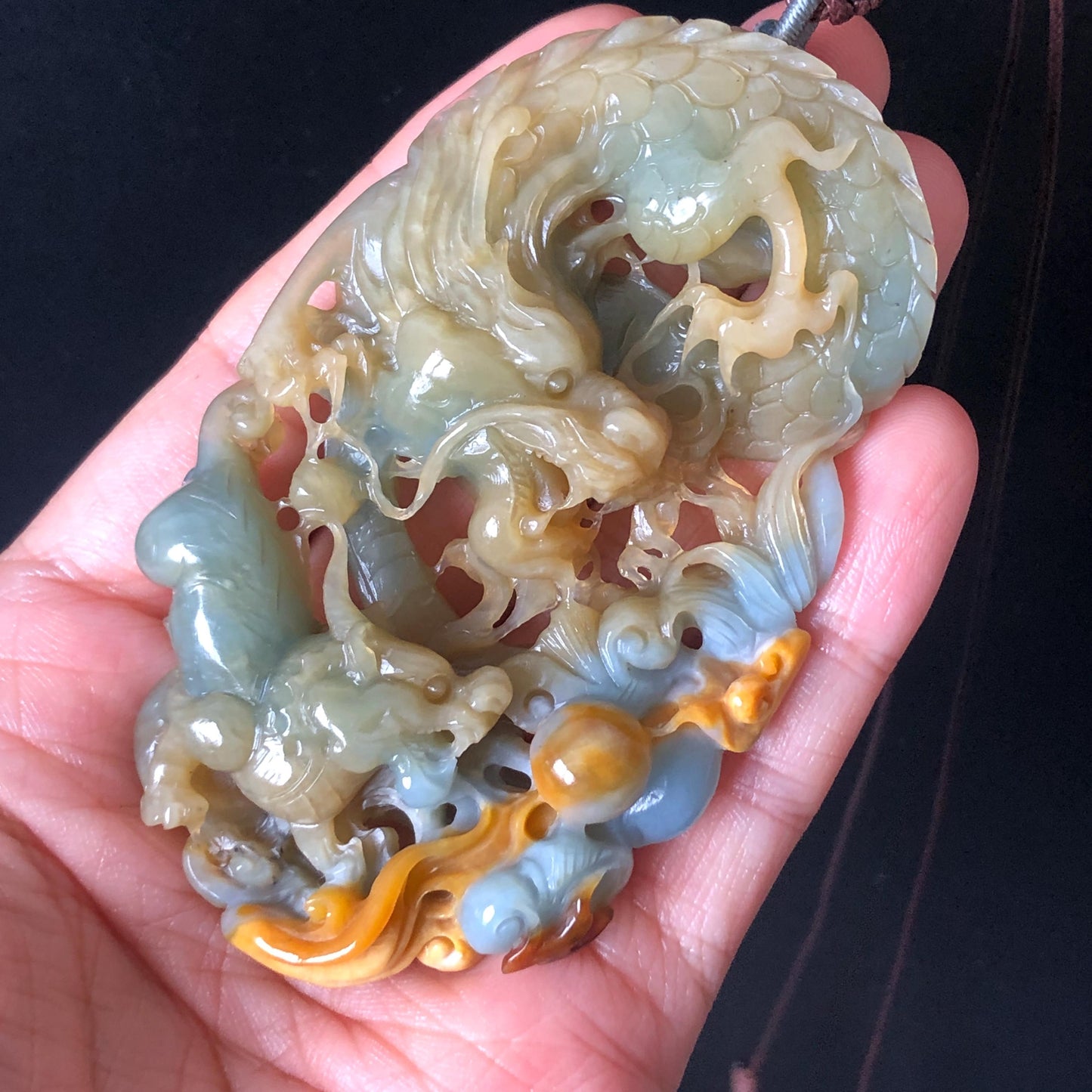 Certificate Natural Xiu Jade (Serpentine) Hand Dragon and Pixiu Pendant Adjustable Necklace Choker | Greenish Blue and Yellow | Power & Wealth | Stone Crystal Gemstone Jewellery for Men and Women, dragon carving pixiu hand engraved charm blue jade