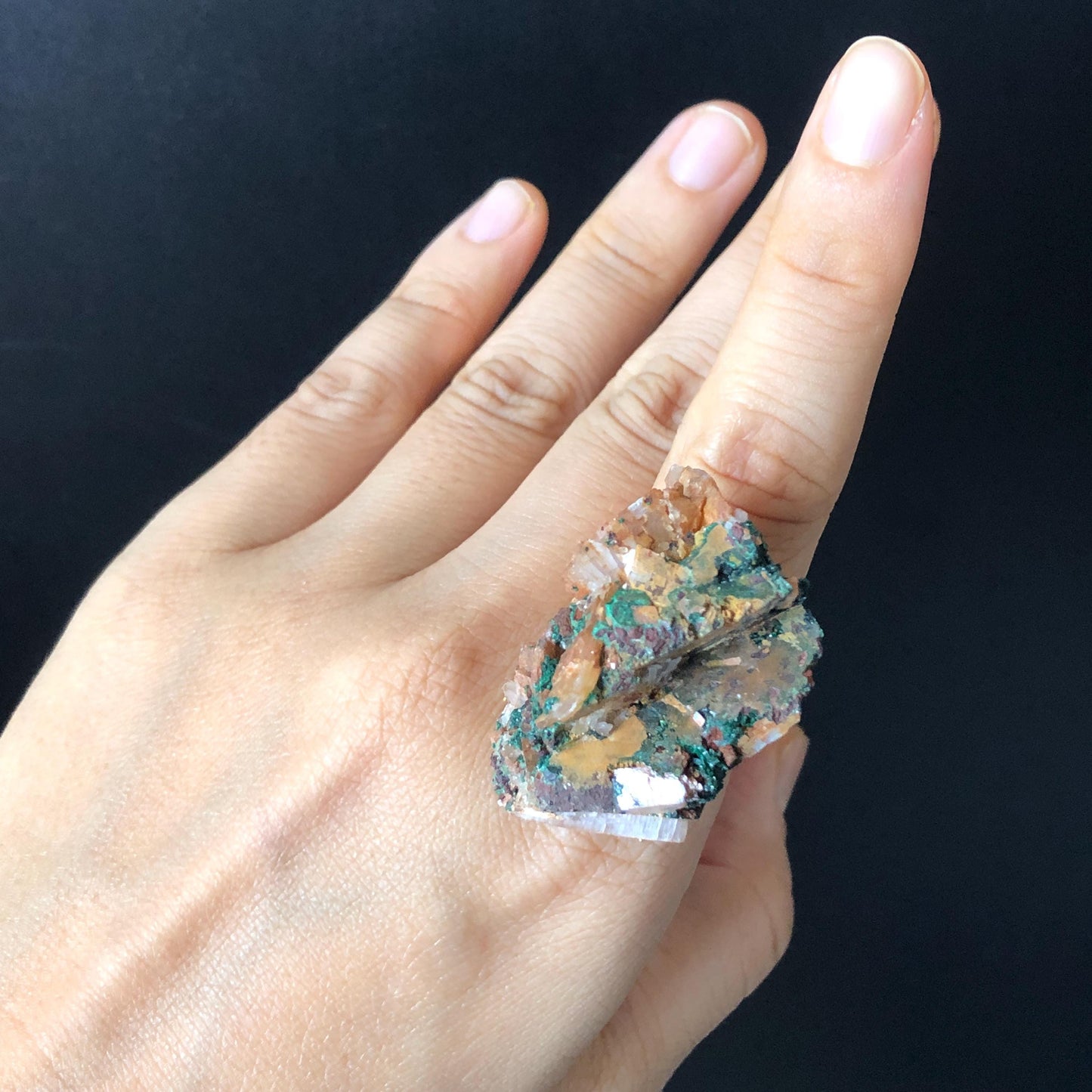 Raw Atacamite & Calcite (Iceland Spar) Ring | Large Raw Stone Ring Big Rough Crystal Ring | Adjustable Statement Ring Chunky Irregular Stone Gift for men gemstone for women bold cocktail ring hugh crystal ring untreated crystal raw minerals specimen ring