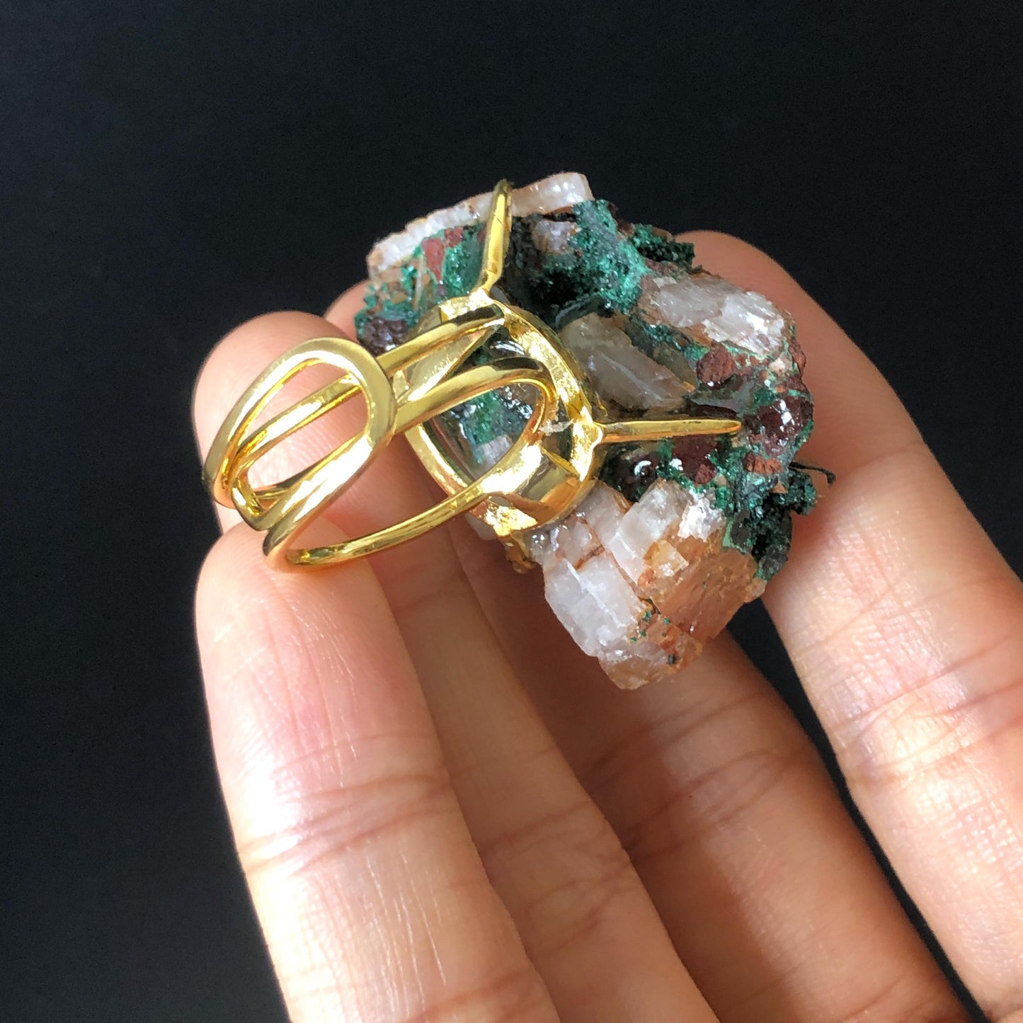 Raw Atacamite & Calcite (Iceland Spar) Ring | Large Raw Stone Ring Big Rough Crystal Ring | Adjustable Statement Ring Chunky Irregular Stone Gift for men gemstone for women bold cocktail ring hugh crystal ring untreated crystal raw minerals specimen ring