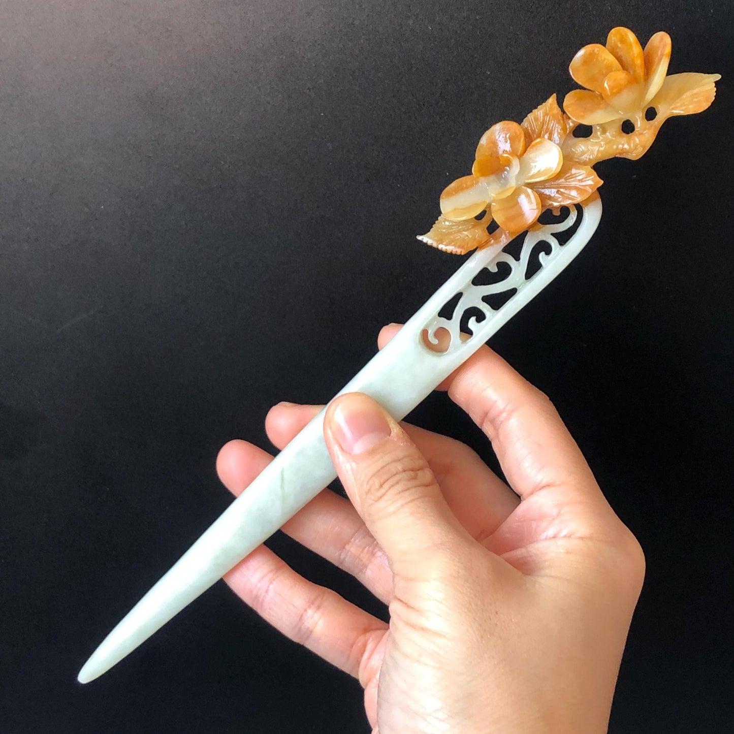 Certificate Xiu Jade Serpentine Hand Carved Peach Blossom Flower Hair Pin Hair Stick | Orange White Green | Asian Chinses Vintage Style Gift, Korean hair pin, Japanese Hair Stick, Chinese Hair Comb, Flower Jade Carving, engraved jade hairpin, white jade green jade orange jade certified natural jade gift for her mother day gift, bridal hairpin, wedding hair stick