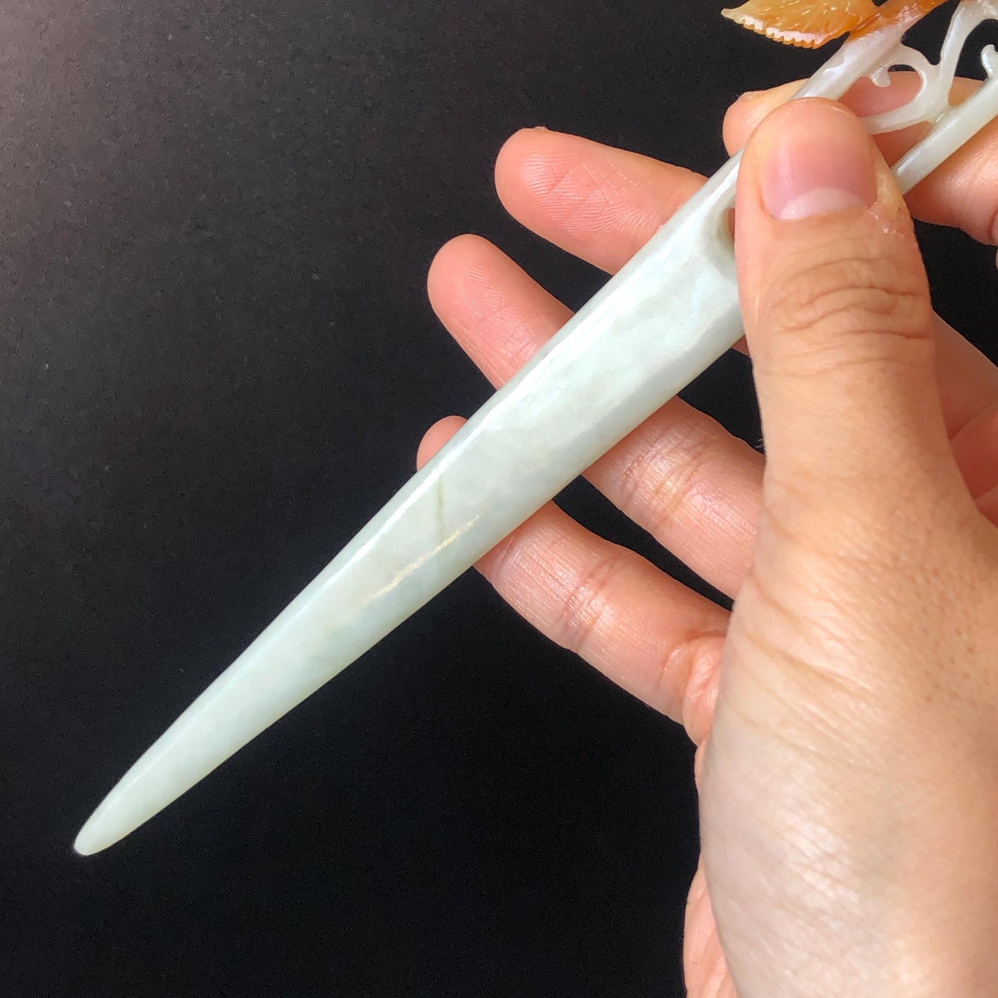 Certificate Xiu Jade Serpentine Hand Carved Peach Blossom Flower Hair Pin Hair Stick | Orange White Green | Asian Chinses Vintage Style Gift, Korean hair pin, Japanese Hair Stick, Chinese Hair Comb, Flower Jade Carving, engraved jade hairpin, white jade green jade orange jade certified natural jade gift for her mother day gift, bridal hairpin, wedding hair stick
