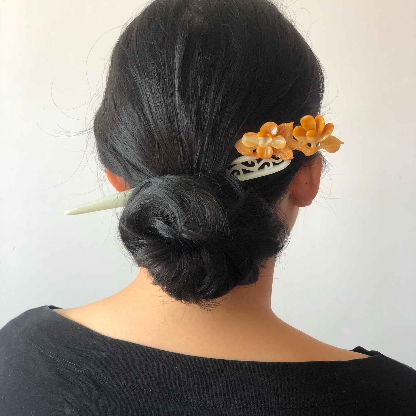Certificate Xiu Jade Serpentine Hand Carved Peach Blossom Flower Hair Pin Hair Stick | Orange White Green | Asian Chinses Vintage Style Gift, Korean hair pin, Japanese Hair Stick, Chinese Hair Comb, Flower Jade Carving, engraved jade hairpin, white jade green jade orange jade certified natural jade gift for her mother day gift, bridal hairpin, wedding hair stick
