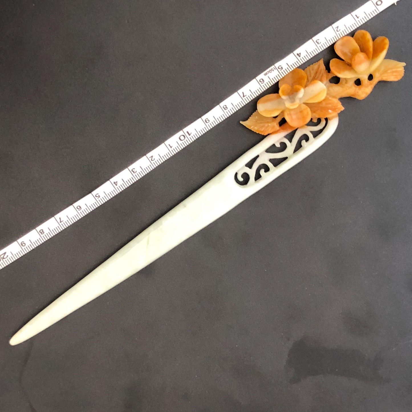 Certificate Xiu Jade Serpentine Hand Carved Peach Blossom Flower Hair Pin Hair Stick | Orange White Green | Asian Chinses Vintage Style Gift, Korean hair pin, Japanese Hair Stick, Chinese Hair Comb, Flower Jade Carving, engraved jade hairpin, white jade green jade orange jade certified natural jade gift for her mother day gift, bridal hairpin, wedding hair stick