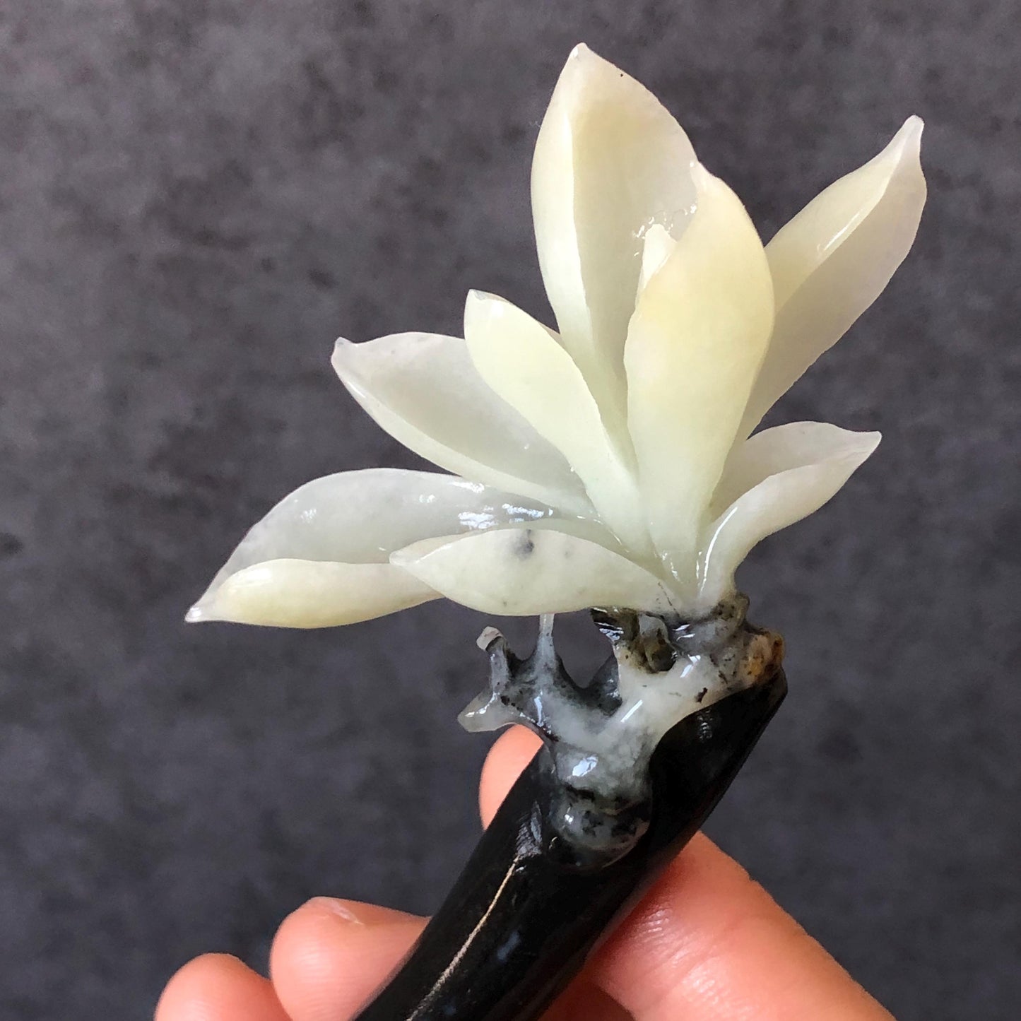 Certificate Natural Xiu Jade Serpentine Hand Carved Yulan Magnolia Flower Hair Pin, Black White Jade Hair Stick, Asian Chinses Vintage Style