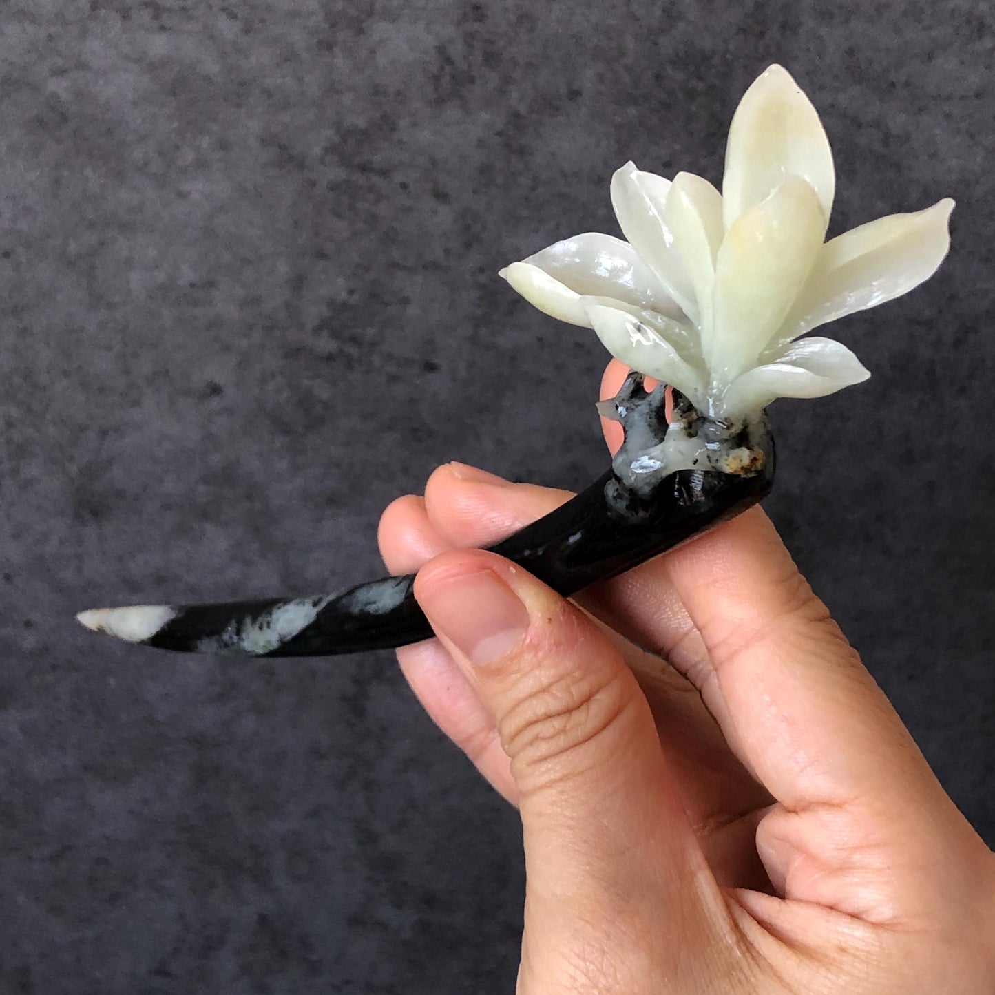 Certificate Natural Xiu Jade Serpentine Hand Carved Yulan Magnolia Flower Hair Pin, Black White Jade Hair Stick, Asian Chinses Vintage Style