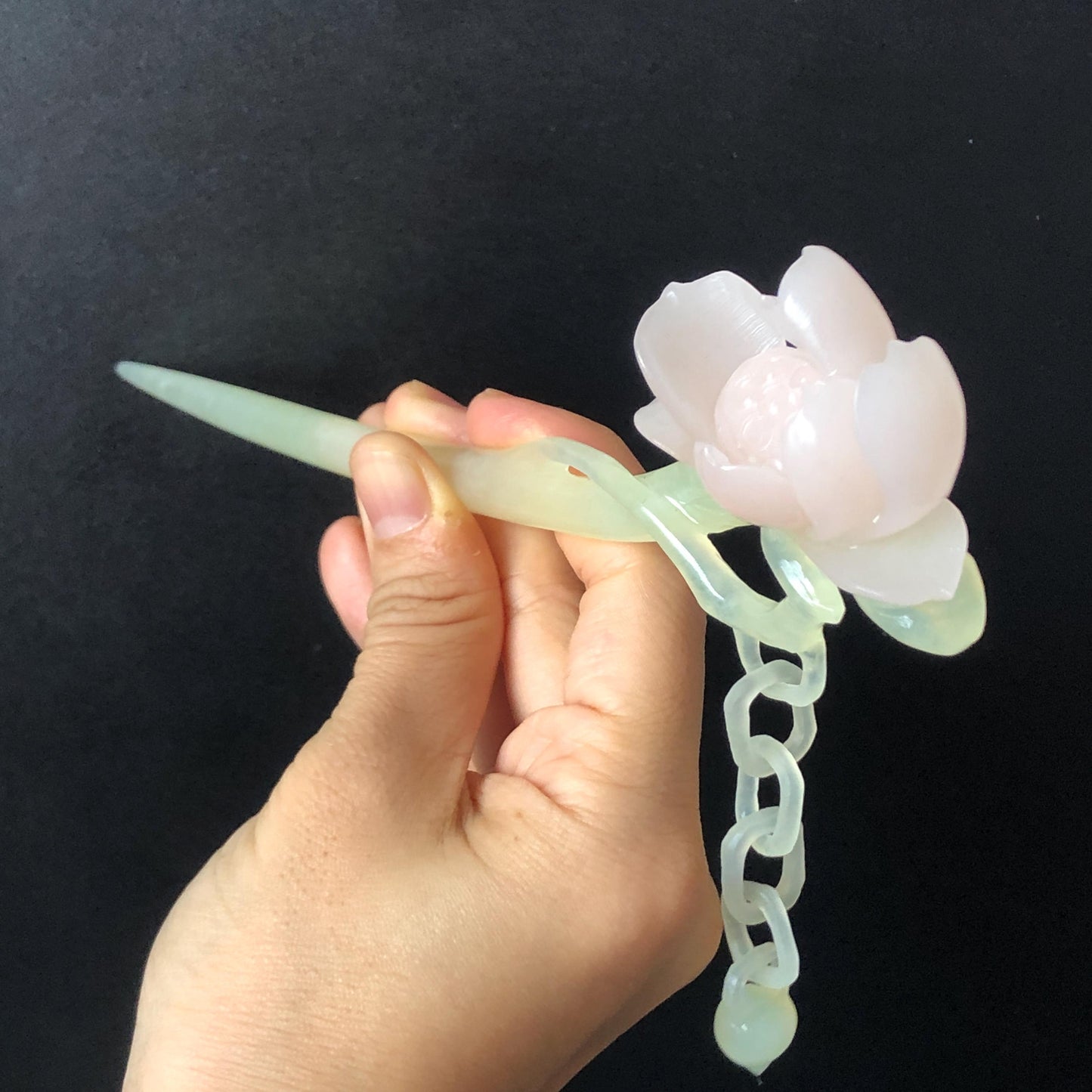 Natural Xiu Jade Serpentine Hand Carved Pink Lotus Flower Hair Pin | Pink & Green Jade Hair Stick | Asian Chinses Vintage Style Gift for her, japanese hairpin korean hair stick chinese jade hair comb pink jade green jade carving hand engraved flower hairpin, bridal shower wedding hair fork