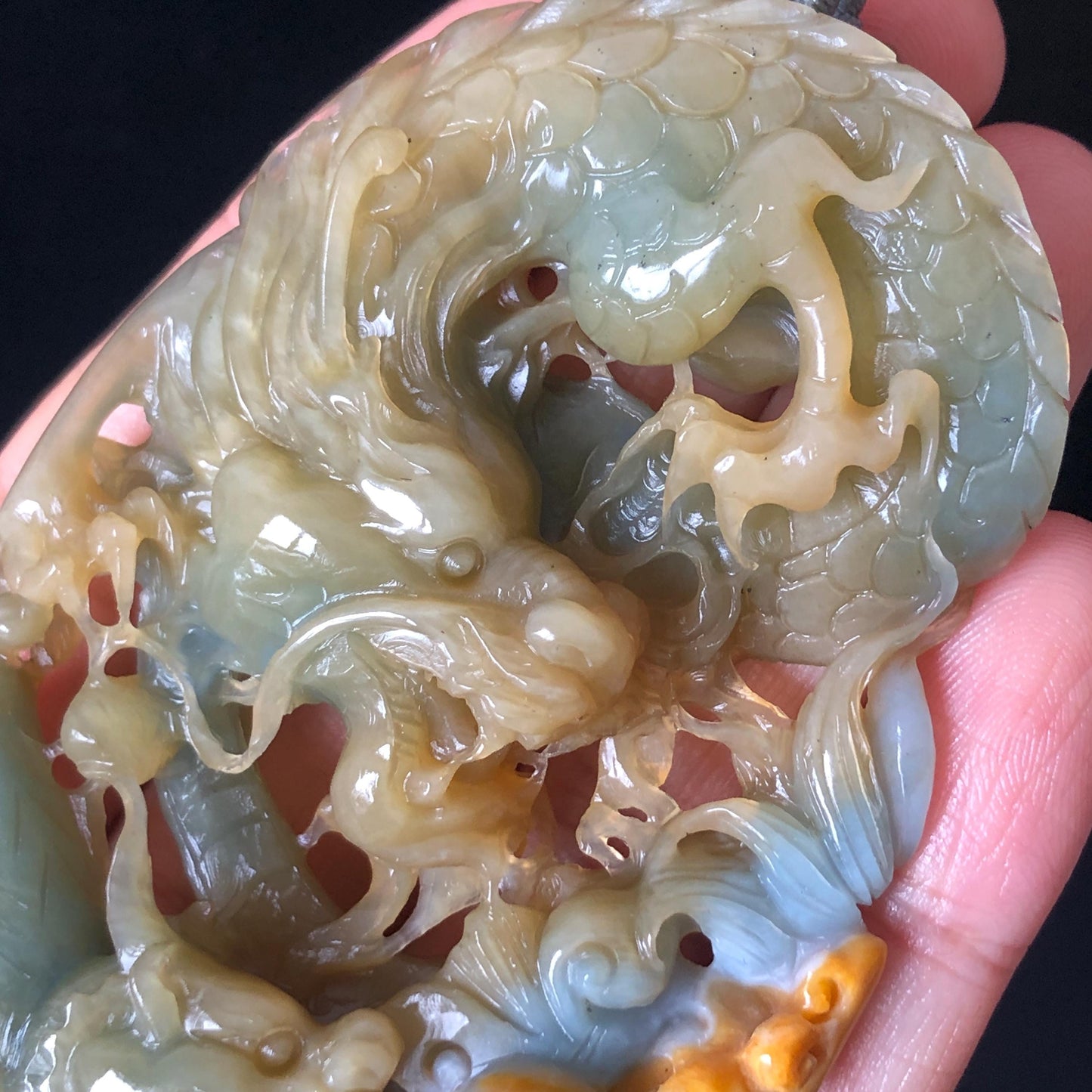 Certificate Natural Xiu Jade (Serpentine) Hand Dragon and Pixiu Pendant Adjustable Necklace Choker | Greenish Blue and Yellow | Power & Wealth | Stone Crystal Gemstone Jewellery for Men and Women, dragon carving pixiu hand engraved charm blue jade
