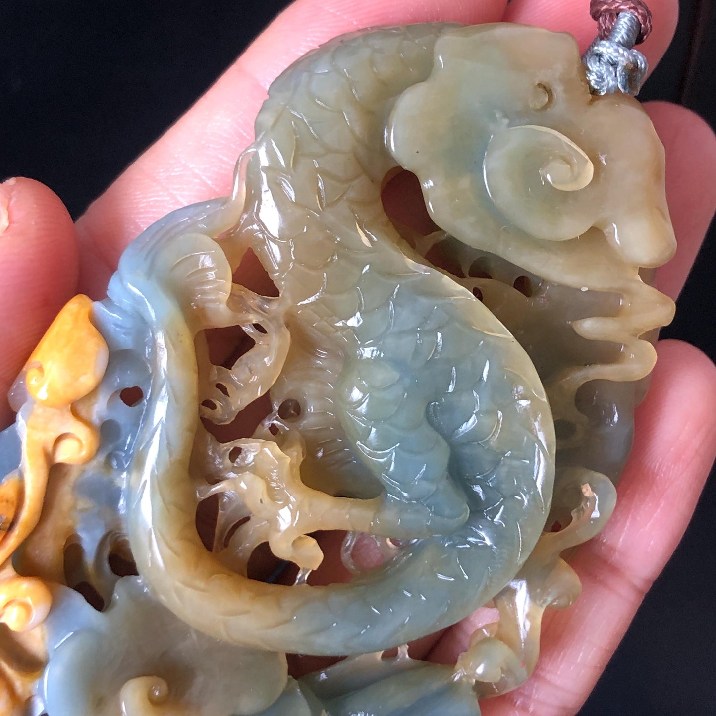 Certificate Natural Xiu Jade (Serpentine) Hand Dragon and Pixiu Pendant Adjustable Necklace Choker | Greenish Blue and Yellow | Power & Wealth | Stone Crystal Gemstone Jewellery for Men and Women, dragon carving pixiu hand engraved charm blue jade