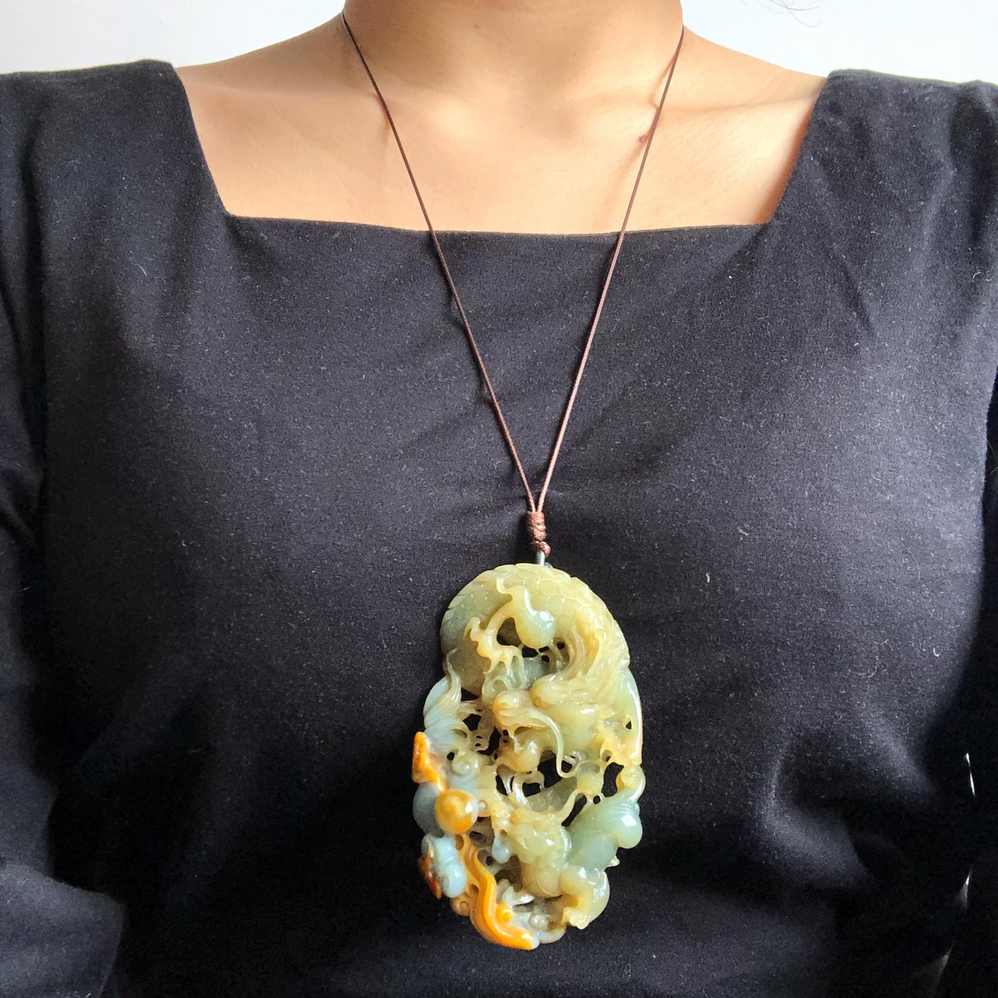 Certificate Natural Xiu Jade (Serpentine) Hand Dragon and Pixiu Pendant Adjustable Necklace Choker | Greenish Blue and Yellow | Power & Wealth | Stone Crystal Gemstone Jewellery for Men and Women, dragon carving pixiu hand engraved charm blue jade