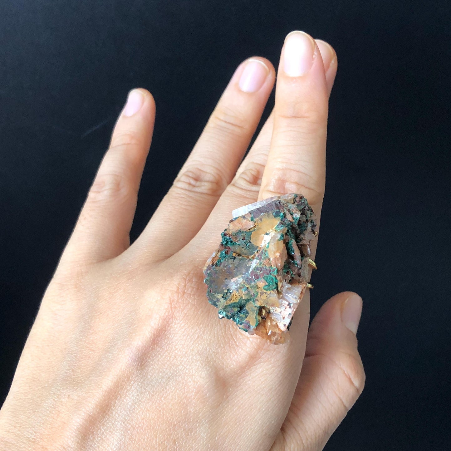 Raw Atacamite & Calcite (Iceland Spar) Ring | Large Raw Stone Ring Big Rough Crystal Ring | Adjustable Statement Ring Chunky Irregular Stone Gift for men gemstone for women bold cocktail ring hugh crystal ring untreated crystal raw minerals specimen ring