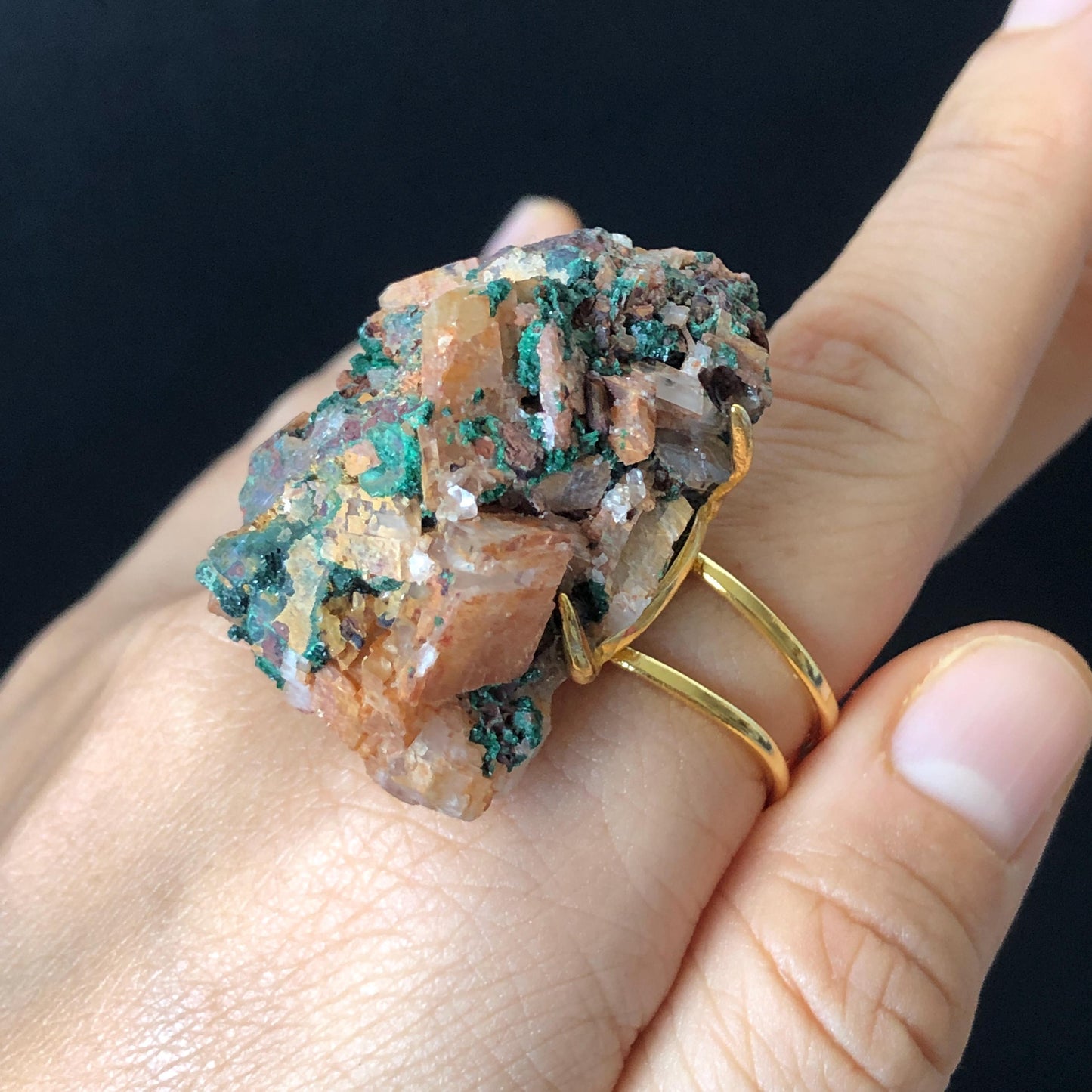 Raw Atacamite & Calcite (Iceland Spar) Ring | Large Raw Stone Ring Big Rough Crystal Ring | Adjustable Statement Ring Chunky Irregular Stone Gift for men gemstone for women bold cocktail ring hugh crystal ring untreated crystal raw minerals specimen ring