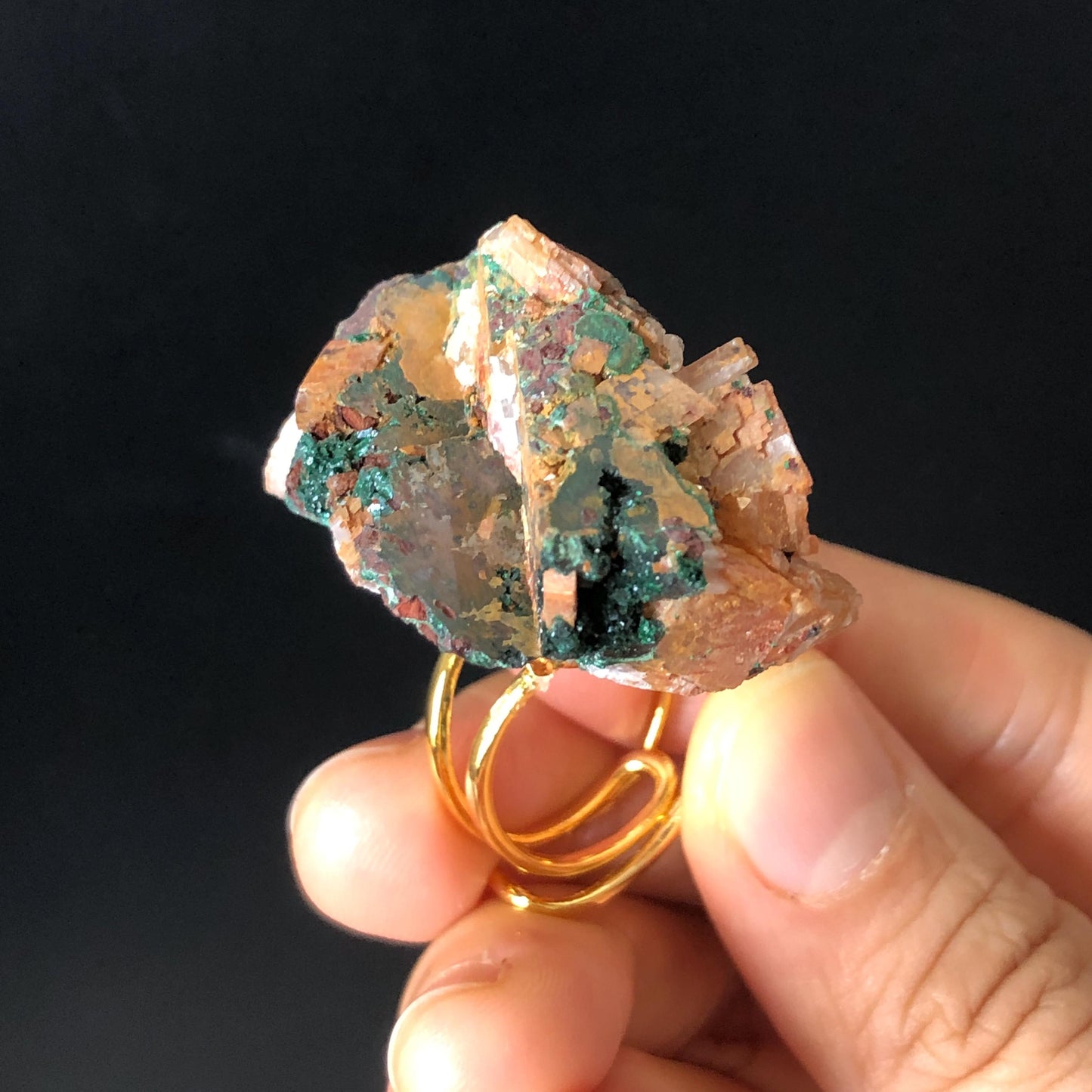 Raw Atacamite & Calcite (Iceland Spar) Ring | Large Raw Stone Ring Big Rough Crystal Ring | Adjustable Statement Ring Chunky Irregular Stone Gift for men gemstone for women bold cocktail ring hugh crystal ring untreated crystal raw minerals specimen ring