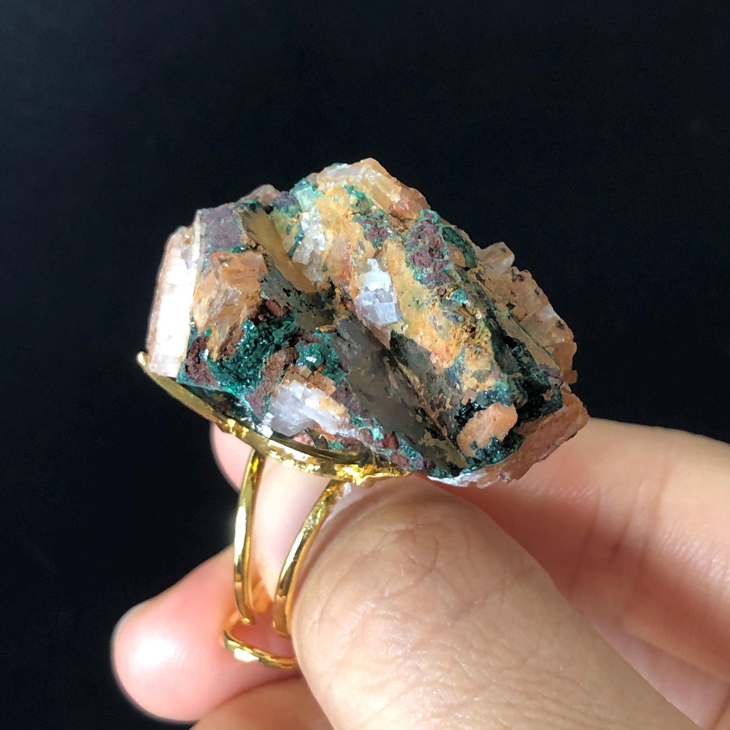 Raw Atacamite & Calcite (Iceland Spar) Ring | Large Raw Stone Ring Big Rough Crystal Ring | Adjustable Statement Ring Chunky Irregular Stone Gift for men gemstone for women bold cocktail ring hugh crystal ring untreated crystal raw minerals specimen ring