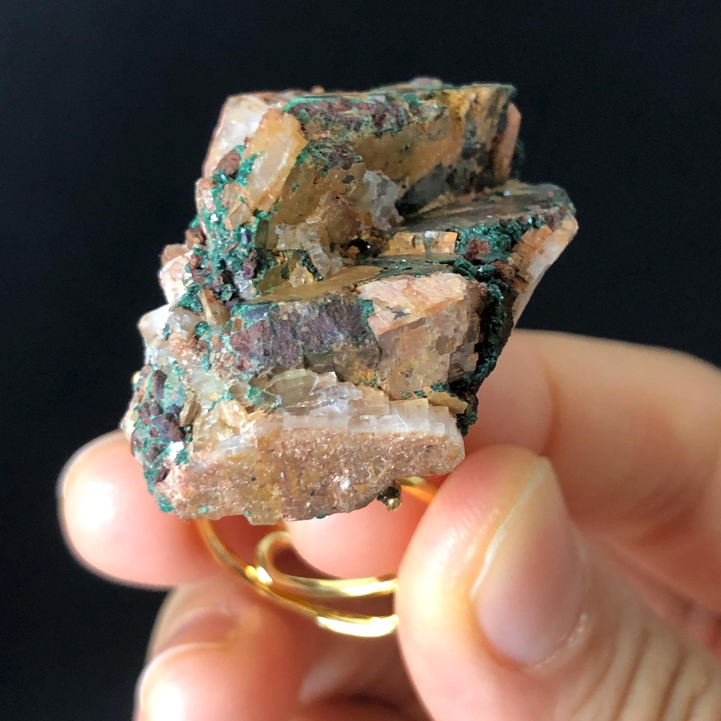 Raw Atacamite & Calcite (Iceland Spar) Ring | Large Raw Stone Ring Big Rough Crystal Ring | Adjustable Statement Ring Chunky Irregular Stone Gift for men gemstone for women bold cocktail ring hugh crystal ring untreated crystal raw minerals specimen ring