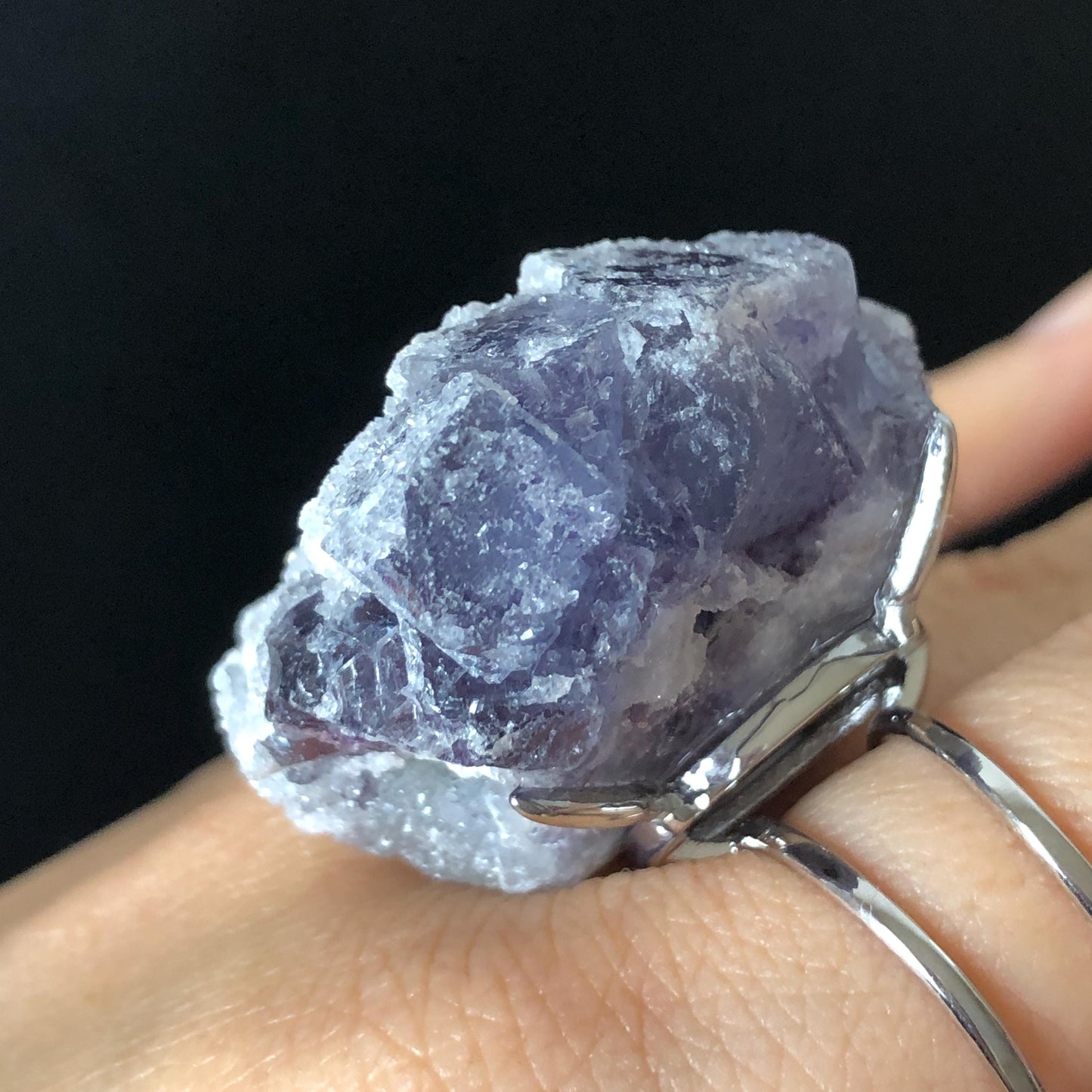 Raw Purple Fluorite Ring with Sparkle White Sugar-like Crystal Coating, Adjustable Statement Band Ring, Irregular Chucky Big Stone Ring Gift for her Large Crystal ring Big Stone Ring Hugh Statement Ring Irregular stone ring chucky ring for her raw minerals ring purple crystal ring large cocktail ring