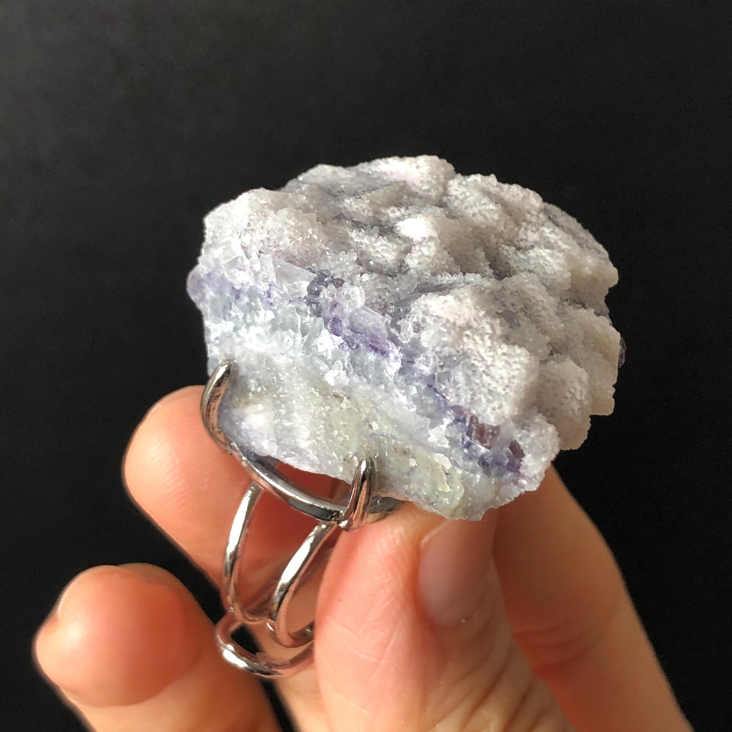 Raw Purple Fluorite Ring with Sparkle White Sugar-like Crystal Coating, Adjustable Statement Band Ring, Irregular Chucky Big Stone Ring Gift for her Large Crystal ring Big Stone Ring Hugh Statement Ring Irregular stone ring chucky ring for her raw minerals ring purple crystal ring large cocktail ring