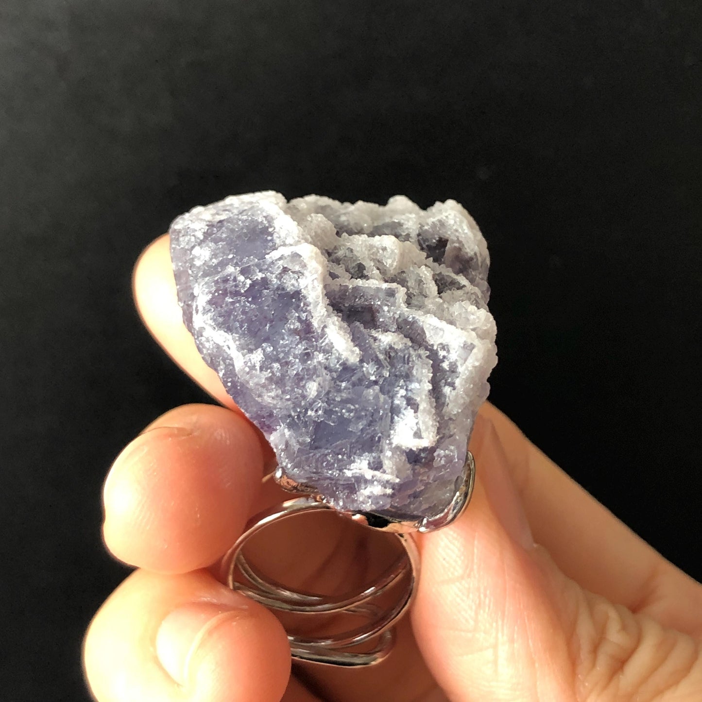 Raw Purple Fluorite Ring with Sparkle White Sugar-like Crystal Coating, Adjustable Statement Band Ring, Irregular Chucky Big Stone Ring Gift for her Large Crystal ring Big Stone Ring Hugh Statement Ring Irregular stone ring chucky ring for her raw minerals ring purple crystal ring large cocktail ring