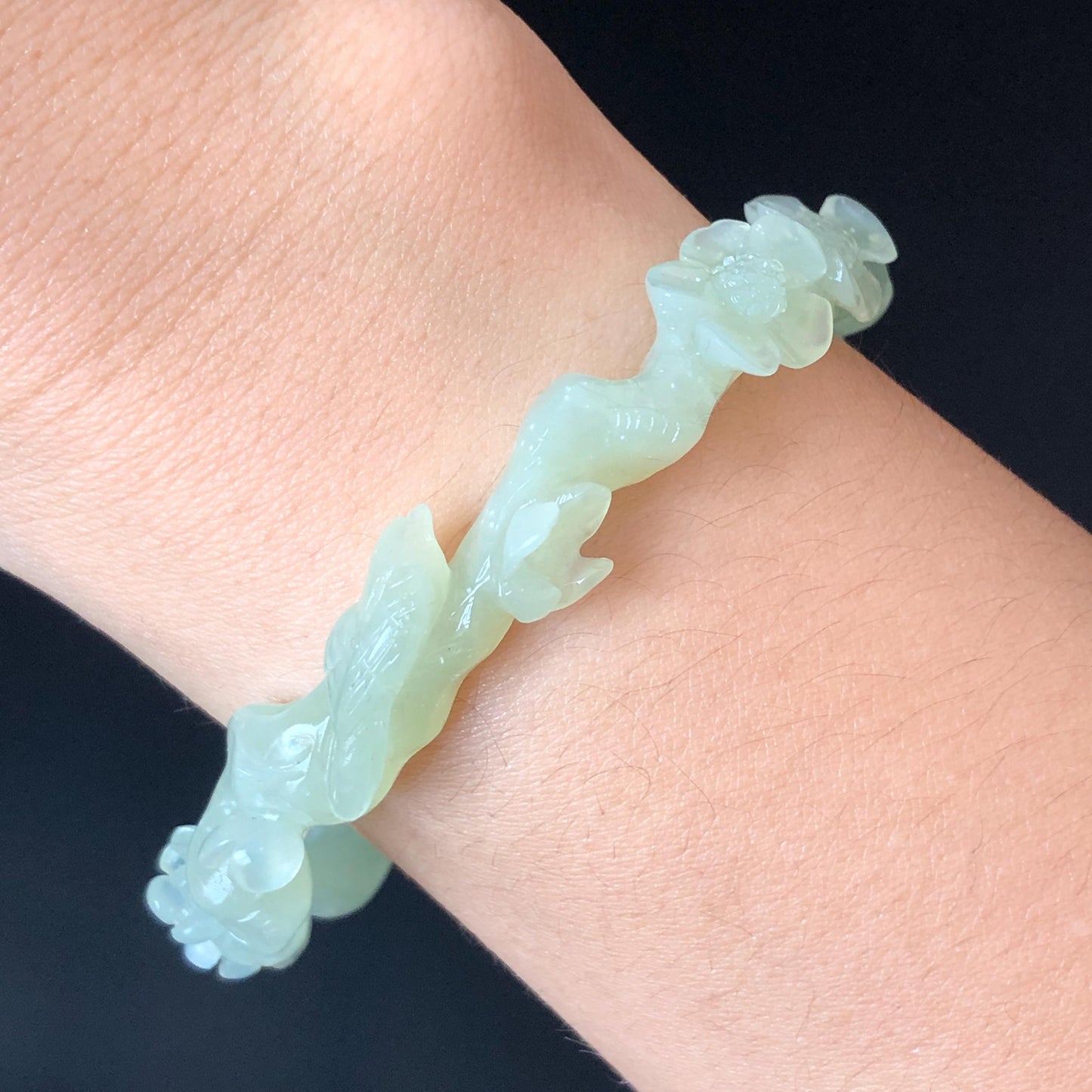 Custom Size Xiu Jade Serpentine Hand Carved Magpie Birds Flower Bangle | Icy Green | Customization Tailor made Stone Crystal Bracelet Gift for her Customized bracelet jade bangle green jade carving bird carving hand engraved flower bangle hand carved gemstone bracelet certificate jade certified natural jade bracelet personalized gift big szie bangle