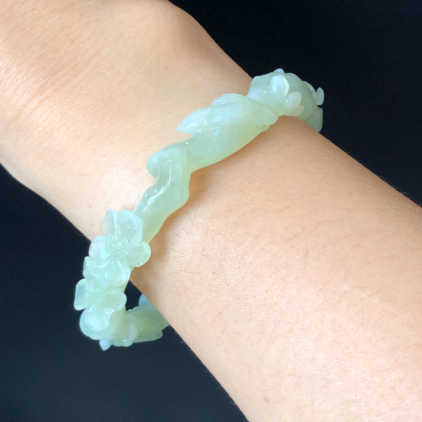 Custom Size Xiu Jade Serpentine Hand Carved Magpie Birds Flower Bangle | Icy Green | Customization Tailor made Stone Crystal Bracelet Gift for her Customized bracelet jade bangle green jade carving bird carving hand engraved flower bangle hand carved gemstone bracelet certificate jade certified natural jade bracelet personalized gift big szie bangle